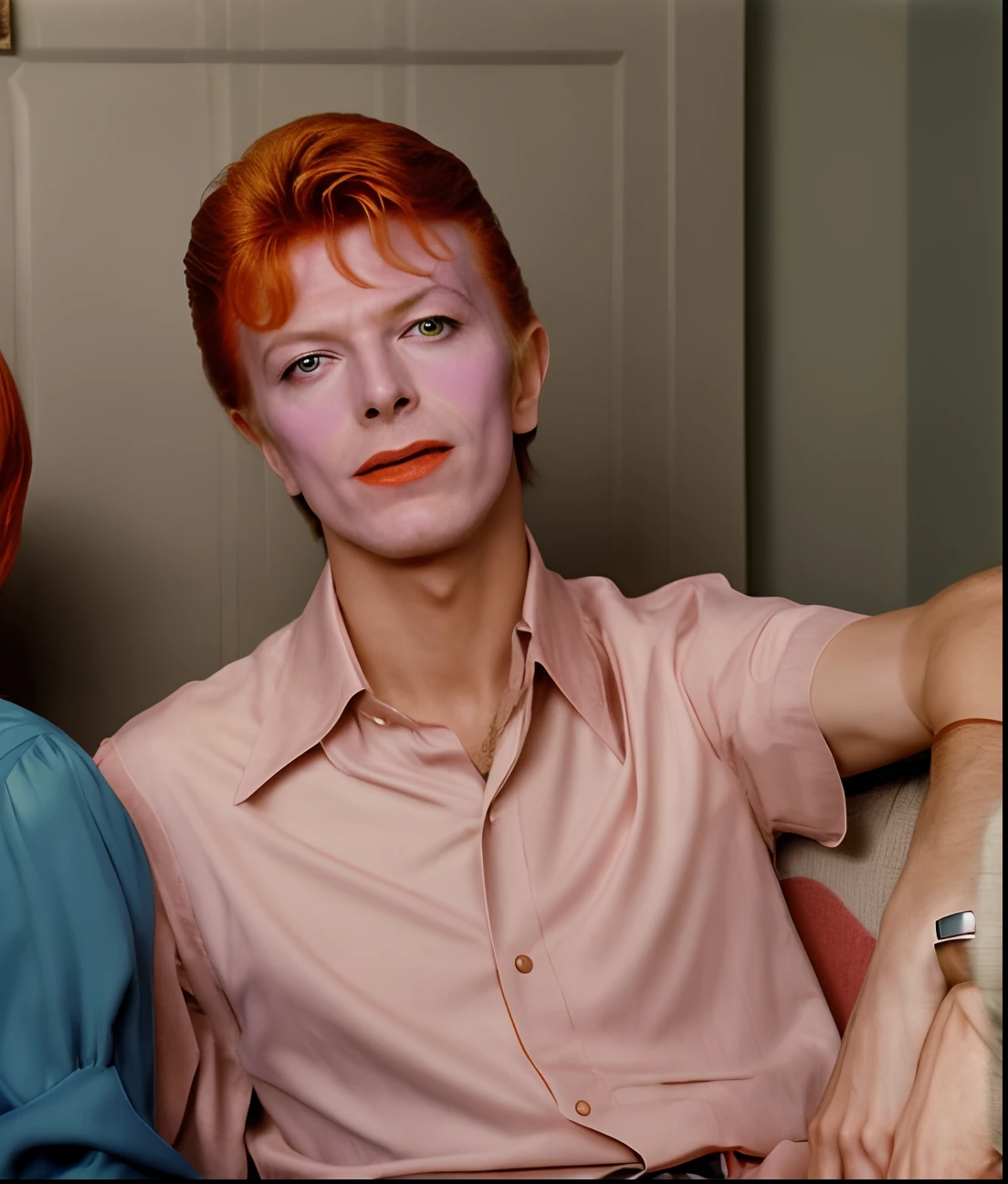 a color photo of a man and woman sitting on a couch, david bowie, young david bowie, portrait of david bowie, david bowie as the joker, by Gavin Hamilton, by Stan Galli, actors, david bowie in super smash bros, 1979, 1 9 7 9, vintage associated press photo, by Maurycy Gottlieb