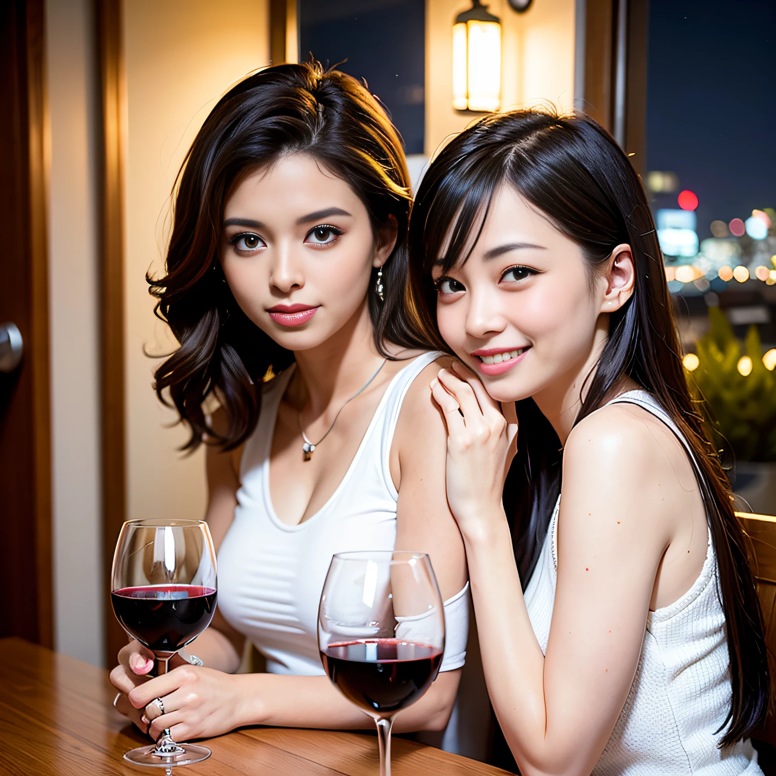 cute,  15歳のアイドルのようにcute20歳の日本人少女、Cleavage、Campsite at night、Drinking wine with a handsome middle-aged man、whole body、RAW Photos、Genuine、Real、realism、Raw photo、High resolution、Life、No copyright notice