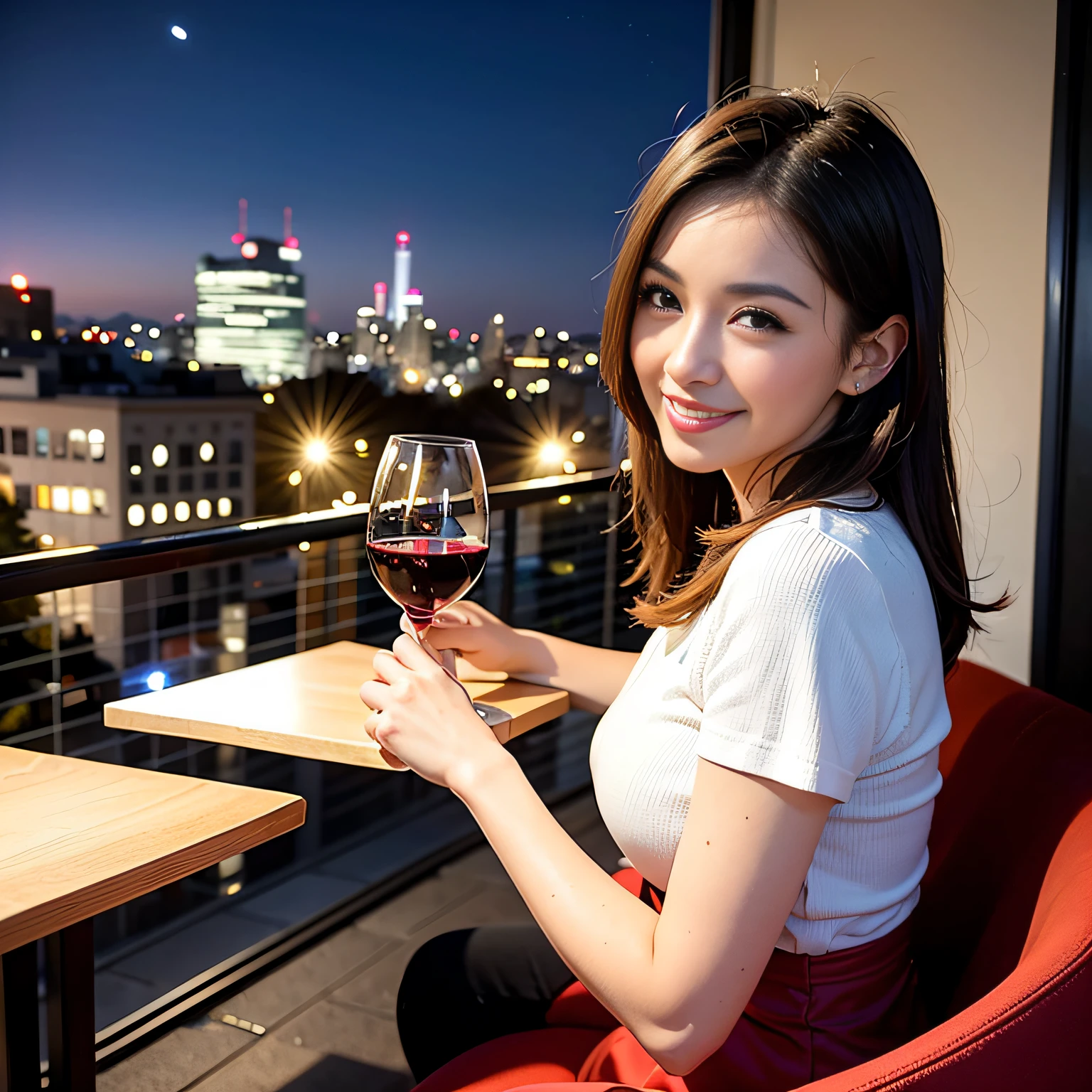 (64K, UHD, top quality, masterpiece: 1.2), (realistic, photorealistic: 1.37), super detailed, pretty woman 1 person, (slim face), (slim body), (brown hair), (short cut), cheeks slightly blushing, (44 years old), 38 years old, solo, beautiful detailed urban night view outside the window, restaurant, wine glasses sit, at night, in a prominent placeNovaFrogStyle, Actress, Model, Waist Up, White Wine, Slim, Wine Glass, Super Clean Night View, Wine Glass Put in the Middle, Happy Smile, (Smile: 1.15), Beautiful Fine Eyes, Upper Body, Bust Japan Up, Night, Short, Short, Actress, Model, Waist Up, White Wine, Slim, Wine Glass, Super Clean Night View, Wine Glass Put in the Middle, Happy Smile,