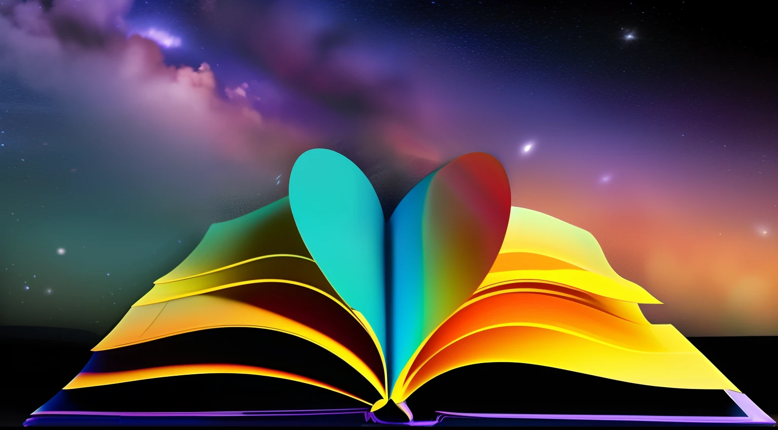 a book, open book, colorful pages, vibrant colors, simple hand-drawn, eye-catching book, justify left, beautiful night sky background