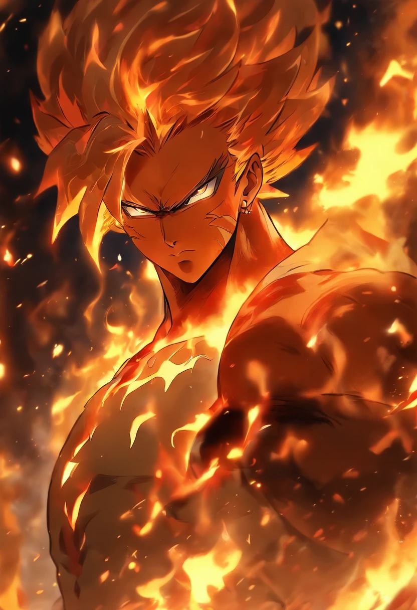 masterpiece, Top quality, 16k uhd, Stand, 1 male fire genasi with orange skin, Fire Wizard, no top, Free upper body, Six-pack muscles, muscular physique, elegant black trousers, fiery burning flame hair, Fire Mage, a swirling fireball hovers above his left hand, Magical setting, Confident Pose, devilish smile. highly detailed facial and skin texture, detailled eyes, square eyebrows, Amber eyes with sparks, fine facial features, chiseled jawline, Shiny orange skin with smoky undertones