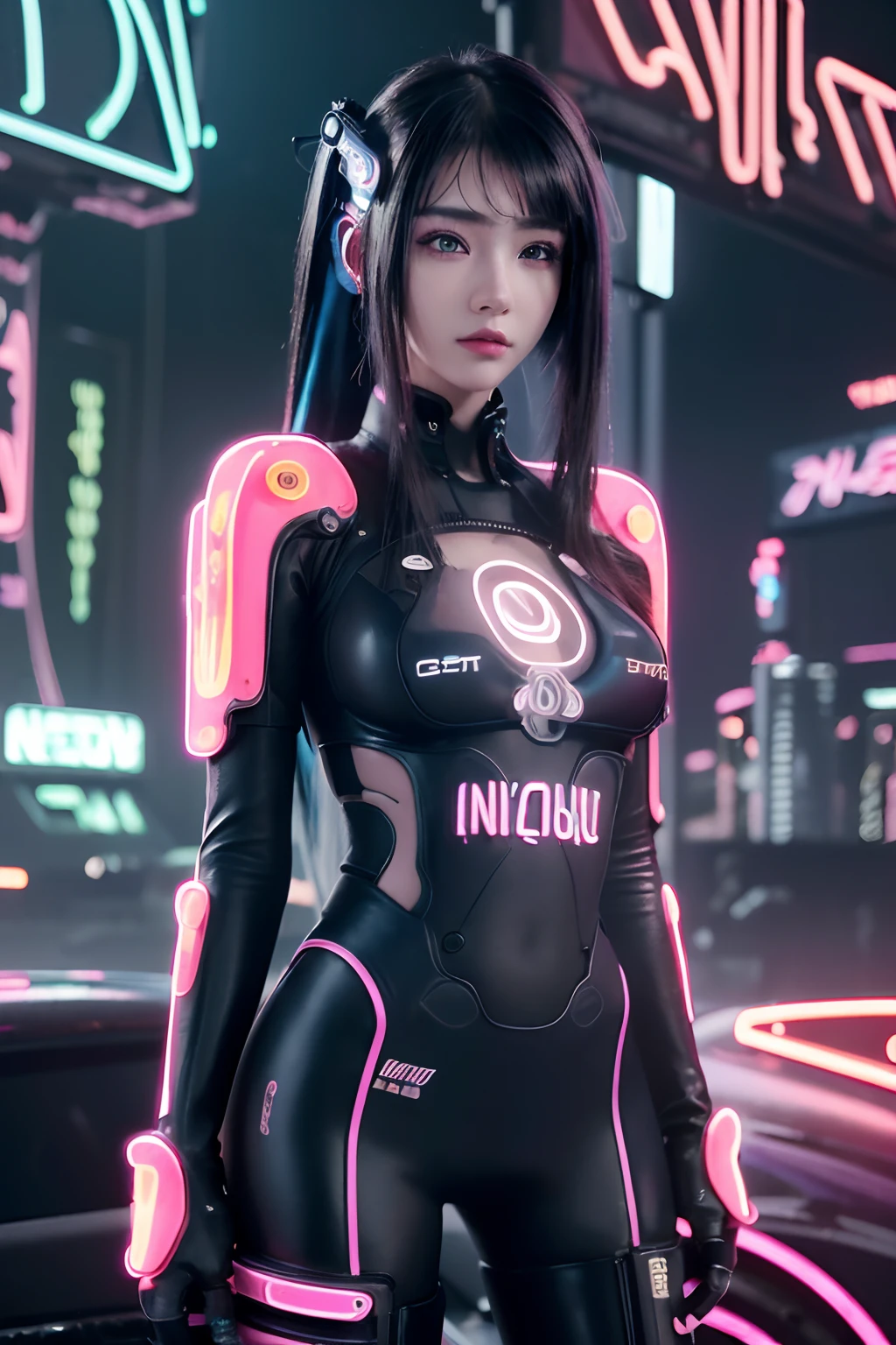 masterpiece, of the highest quality, Best Quality, Official art, Beautiful and aesthetic:1.2),(1girl in:1.4),Full body,(long pink and blue hair style),ighly detailed,(Fractal Art:1.3),(Colorful:1.5),highest details,(Mechanical modification:1.3),(corrected:1.2),Maiden,((ghost in the shell suit)), catheter,(Neon background:1.4),(Neon City:1.75),Night,Large breasts,high-heels,(:0.75),makeup,blush,(Cyberpunk:1.4),((Looking at Viewer)), (((super realistic))), perfect lighting, (dynamic pose with racing car), raw 8k, ((detail face)), ((beautiful face))