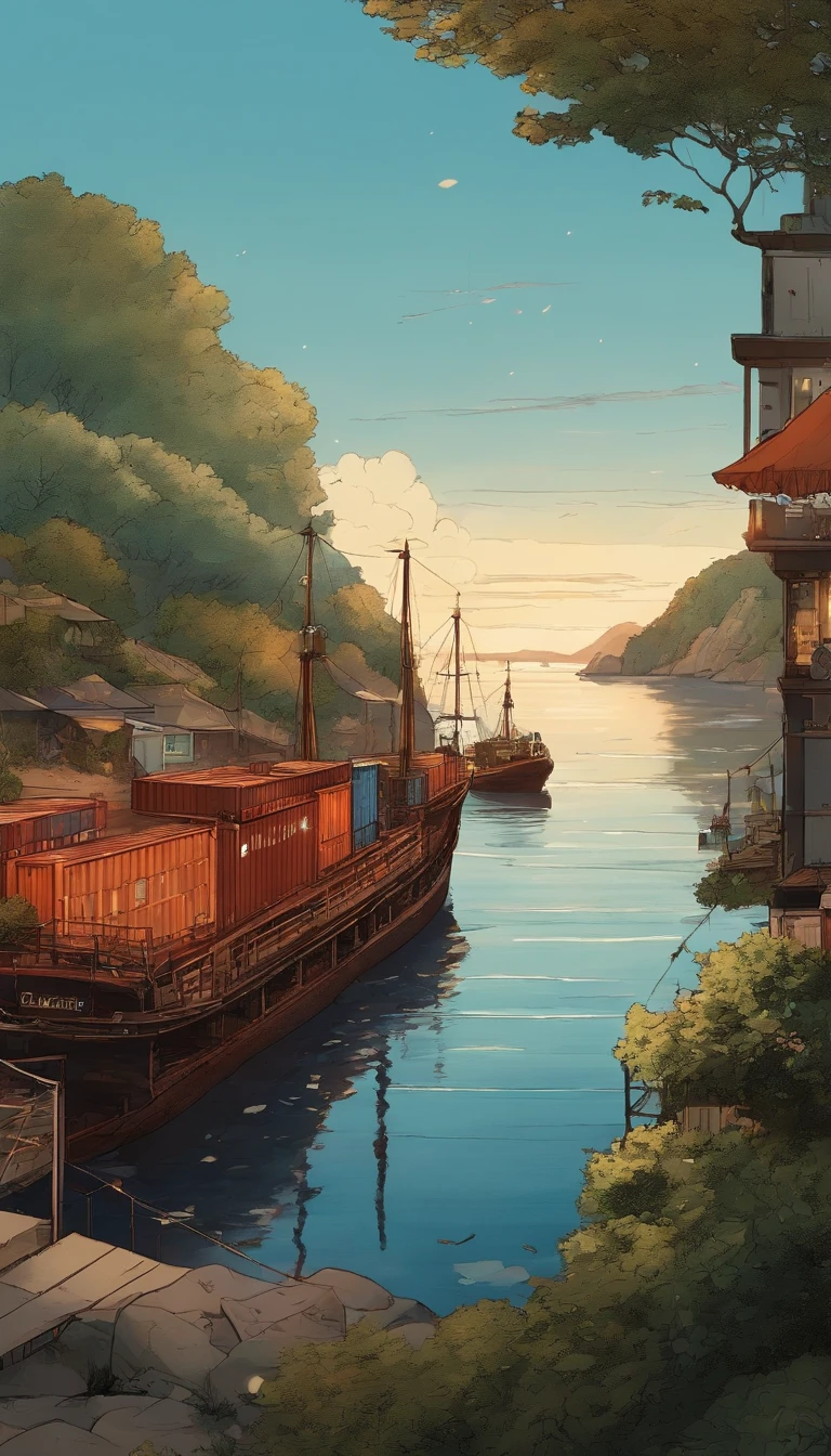 steamship,Manhwa Style,shoreline,There are containers on the shore,shoreline,Skysky,Dotted trees,the street lights,Wagas