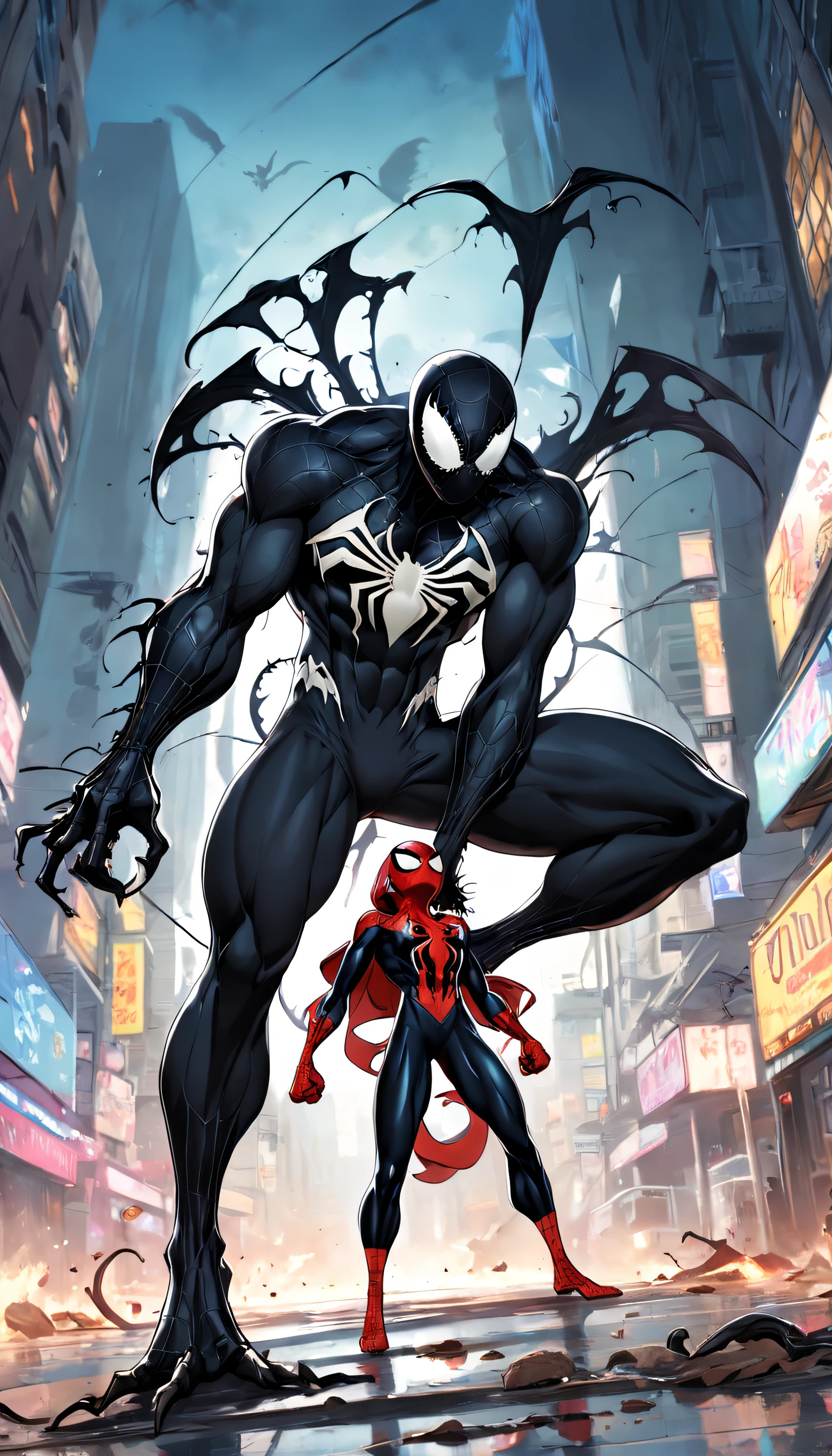 Homem aranha e Venom lutando , Standard scenario , roupas tradicionais , olhar fixo , imagens sem deformidades , melhor qualidade em tudo , obra prima