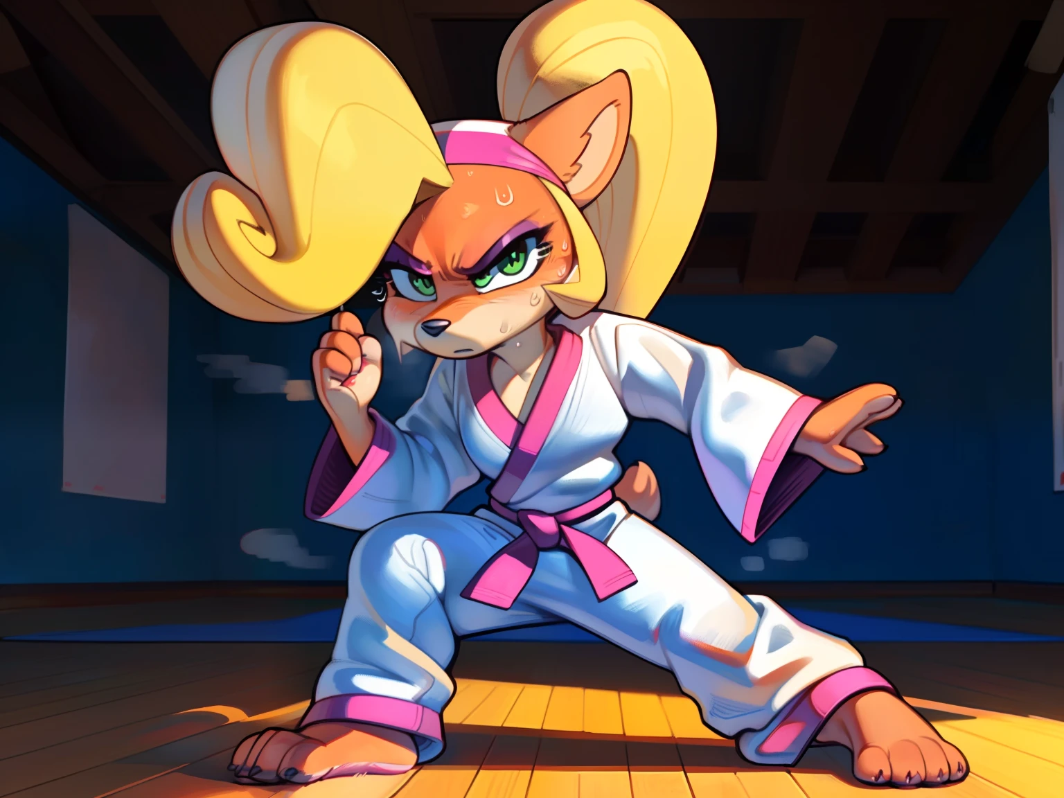 [Coco bandicoot], [Uploaded to e621.net; (Pixelsketcher), (wamudraws)], ((masterpiece)), ((solo portrait)), ((full body)), ((furry; anthro)), ((detailed fur)), ((detailed shading)), ((beautiful render art)), ((feet visible)), ((cel shading)), {anthro; (orange fur, black nose), cute green eyes, (pink eyeshadow), (sweat on face), (angry), blonde hair, ponytail}, {(white folded gi), (white baggy pants), (barefoot), (pink karate headband on head)}, {(karate), (dynamic pose)}, [background; (open room), (dojo), (wood floor), (ambient lighting)]