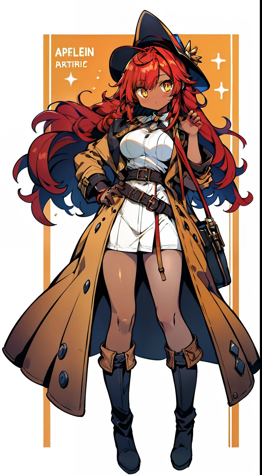 Long red hair, brown skin, yellow eyes, big hips, big breasts, trench coat, boots, full body, standing, 1girl