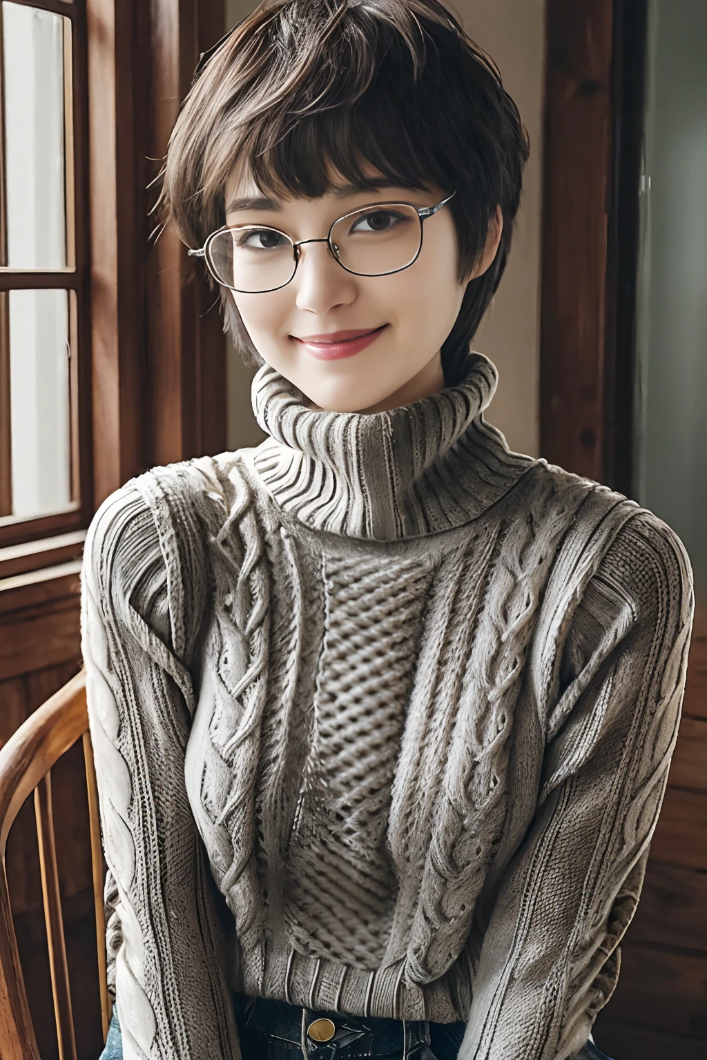 wide angle, Snowy porch, chair, window, outdoor, cozy atmosphere, asian, (disheveled extra fluffy pixie cut:1.2)、8K、Raw photography。top-quality、hightquality、Extreme Detail Photography、Eye for extreme detail、Super Detail Face、Hair in super detail、Super detail body、(Photography Lighting:1.3)、1girl in、The face is about .、Puffy eyes、Eyes in good shape。Brown-eyed、dark brown short hair、good lips、Small lips、(Medium chest:1.3)、good breasts、Natural makeup、Raw photo, Best Quality, masutepiece, ultra-detailliert, 超A high resolution, Realistic, (dark grey cable knit turtleneck sweaters:1.2)、(detailed fabrics:1.3), cleft chin, (slanted eyes), (windsor glassses:1.2), sitting on a wooden chair while smiling and tilting head