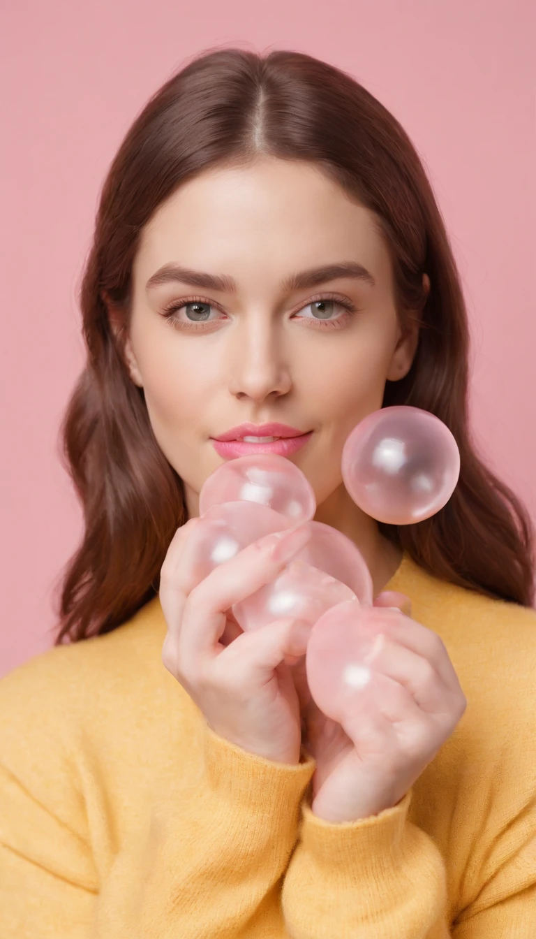 A hyperealistic photograph smiling young woman blowing bubble gum up in high heels and yellow sweater against pink background, in the style of patricia piccinini, minimalist backgrounds, flickr, loretta lux, noise photography, emotive faces, daniela uhlig, uhd photo, clean sharp focus, HDR, upper body