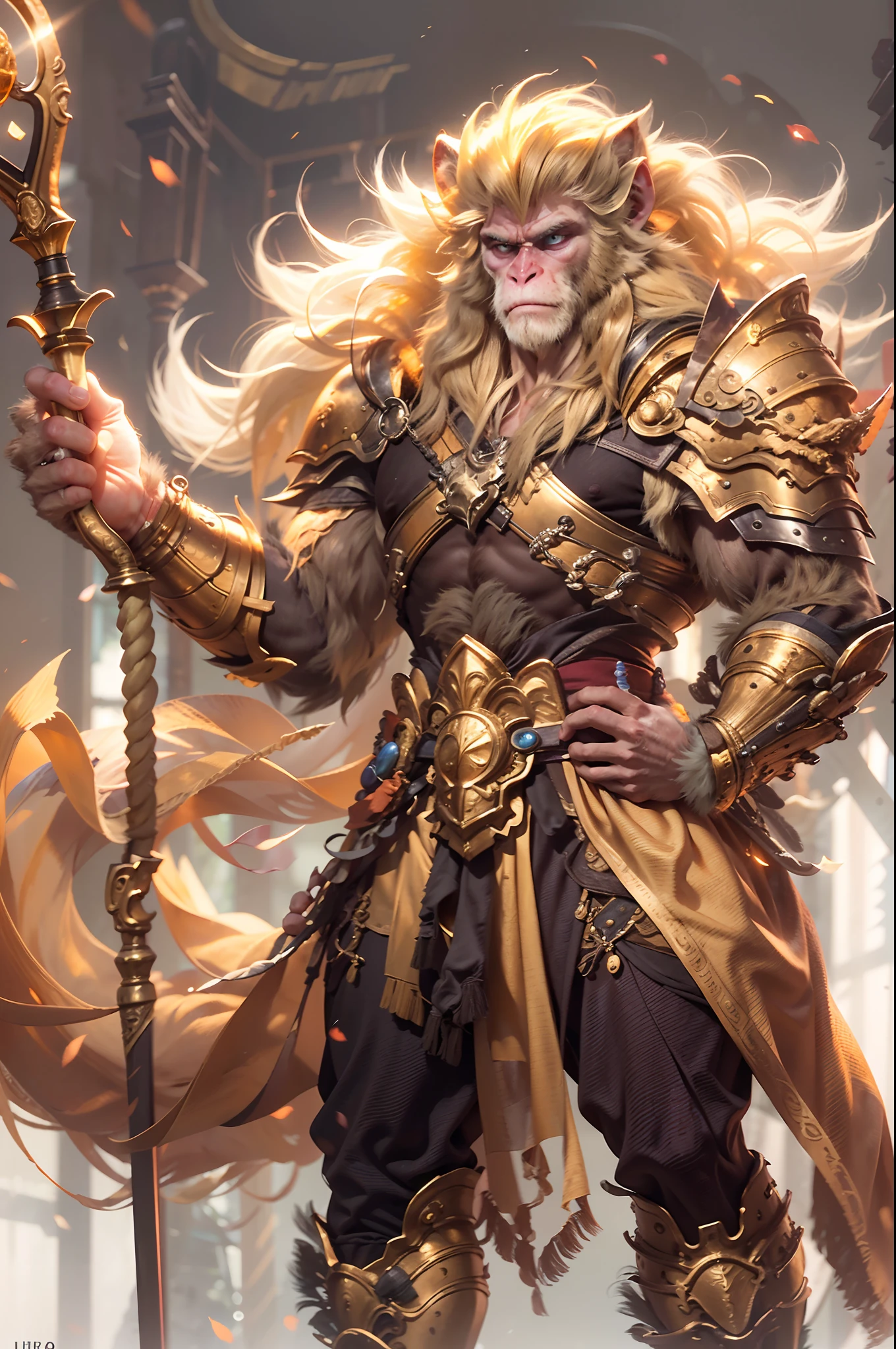 (Ultra-detailed,A high resolution,Best quality,Sharp focus),8K,Strong and muscular monkey with golden fur,Long blonde shoulder-length hair,Disheveled hair,sly grin,Gold cloak and armor,golden hairband,holding a golden staff,full bodyesbian，Face the audience