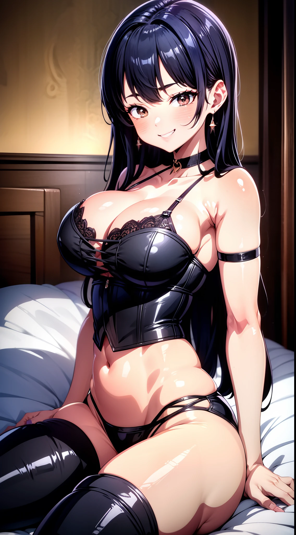 8k, highres, ultra detailed, (masterpiece:1.4), best quality, symmetrical body, (black corset and latex thong1.4), choker, cute, solo, earrings, long hair, dark purple hair, Brown eyes, glow effect, finely eye, grinning, wide smile, detailed face, looking at viewer, smilling at viewer, bedroom, in the bed, angled view, big breasts, teasing, seductive look