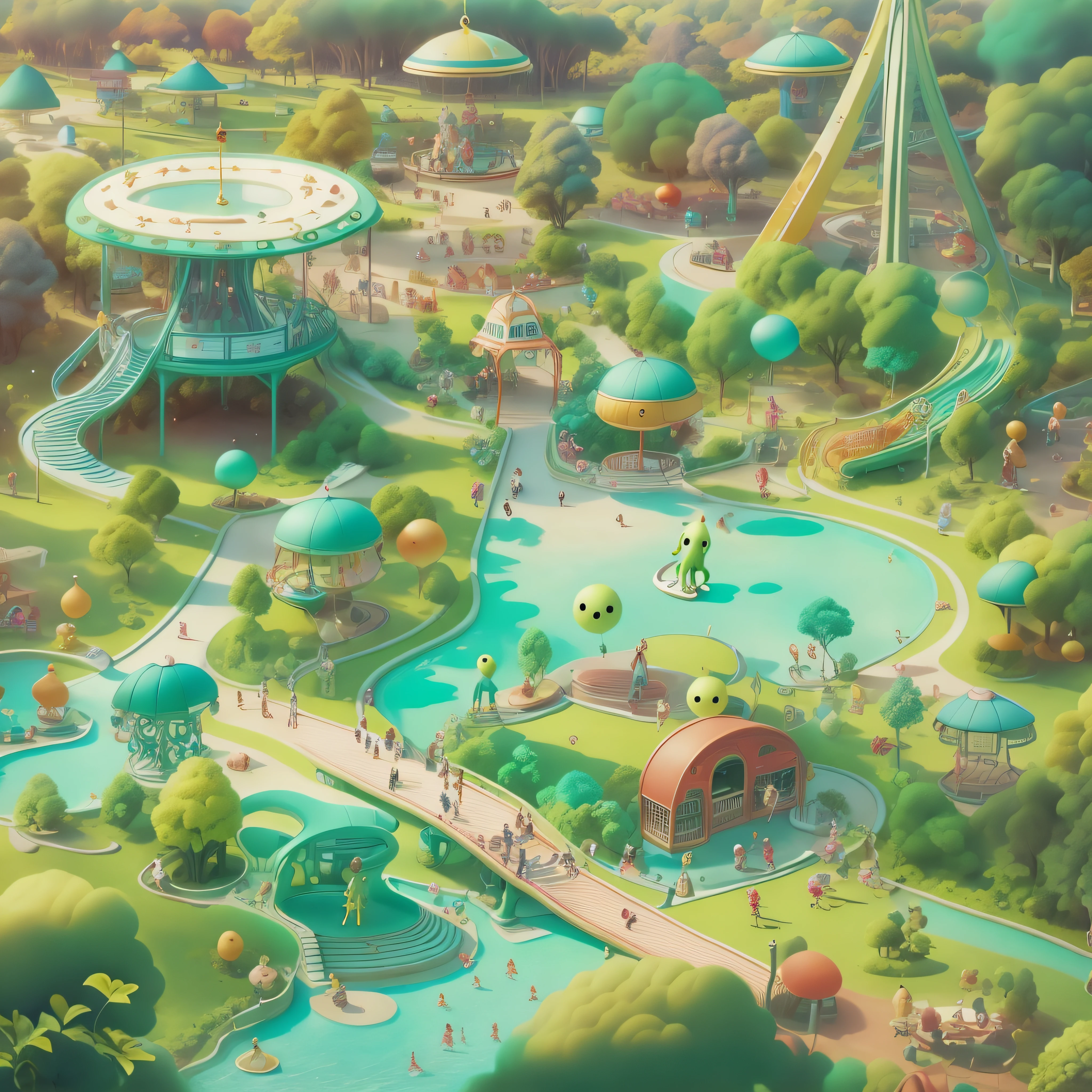 Cute alien, regatta, Bermuda、wondrous、special、Playing in the park、slide、swing、Background with(a park)