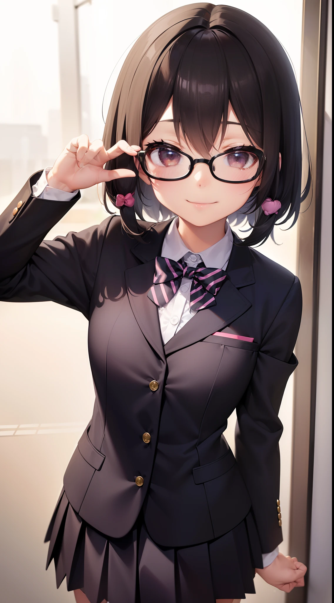 (masutepiece, Best Quality, Capture super cute moments, depth of fields, ultra-detailliert, Ultra High Resolution, C4D, Octadale, 3D Modeling, 8K, 16 K, one girls、a 、A dark-haired、short-hair、straight haired、Light brown eyes,hair adornments、wearing black glasses、A smile)、Cat Pose、school uniform, blazer
