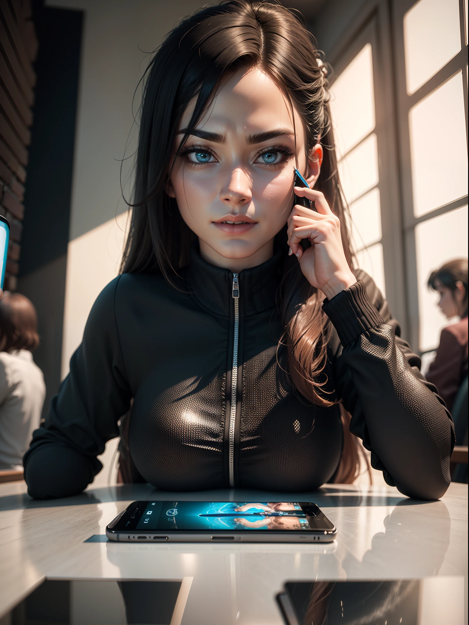Smartphone 3D advertisment imagine the awesome futuristic background, beautiful 3D smartphone model, AMD fidelityFX super resolution 3, studio light, cinematic effects, extremely detailed portrait, smartphone 3D realistic advertisment, detailed portrait imagine