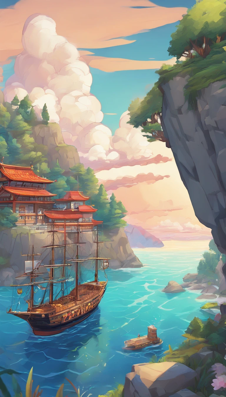 Genshin game style,2D-style scene,Scene with line,steamship,shoreline,There are containers on the shore,shoreline,Skysky,Dotted trees,the street lights,Wagas