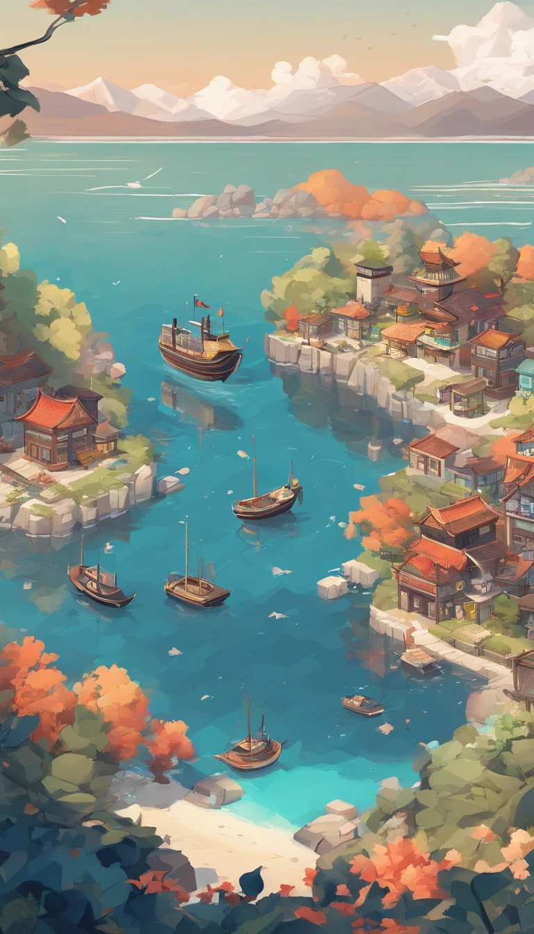 Genshin game style,2D-style scene,Scene with line,steamship,shoreline,There are containers on the shore,shoreline,Skysky,Dotted trees,the street lights,Wagas