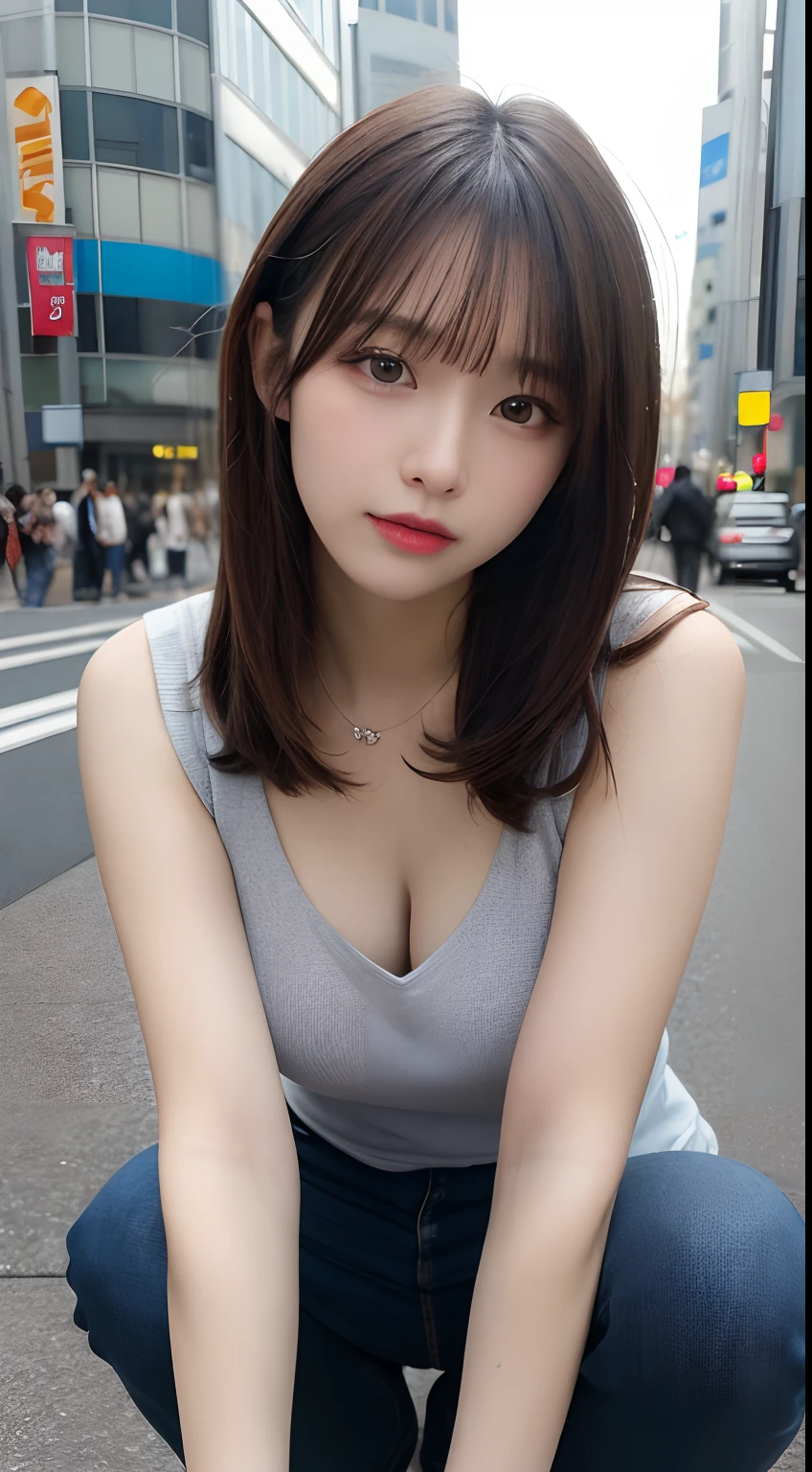 muste piece, best quality, illustration, Super detailed, fine details, High resolution, 8K,wall paper, perfect dynamic composition,(Details High quality, realistic depiction of eyes:1.3), NSFW, Off-shoulder t-shirt and denim mini shorts, short bob hair, black hair color, Big Natural Color Lip, bold sexy pose, (perfect body shape), crying a little、cold gaze, Harajuku style、23 year old girl、beautiful legs, nightclub, at midnight, hposing Gravure Idol, Voluptuous thighs,