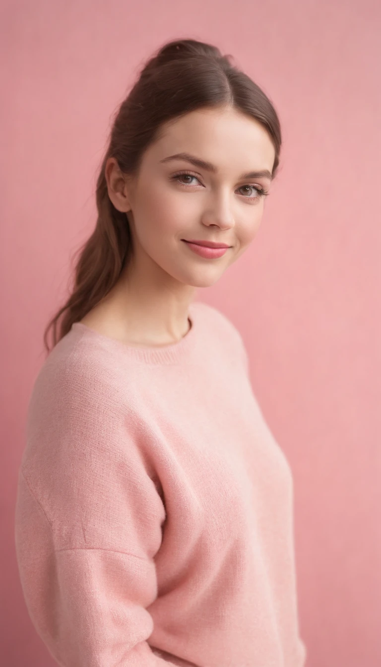 A hyperealistic photograph smiling young woman in high heels and yellow sweater against pink background, in the style of patricia piccinini, minimalist backgrounds, flickr, loretta lux, noise photography, emotive faces, daniela uhlig, uhd photo, clean sharp focus, HDR, upper body