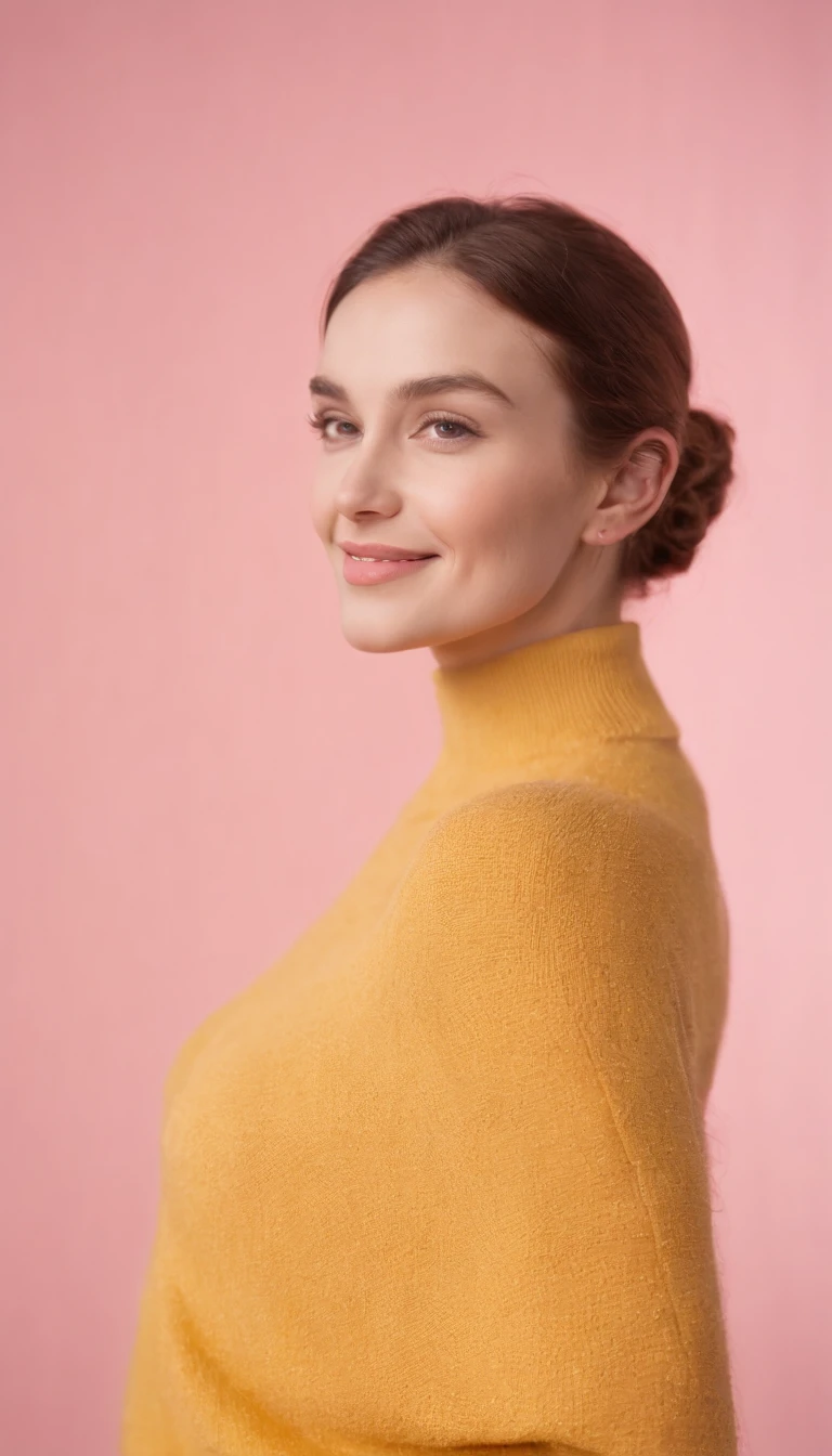 A hyperealistic photograph smiling young woman in high heels and yellow sweater against pink background, in the style of patricia piccinini, minimalist backgrounds, flickr, loretta lux, noise photography, emotive faces, daniela uhlig, uhd photo, clean sharp focus, HDR, upper body