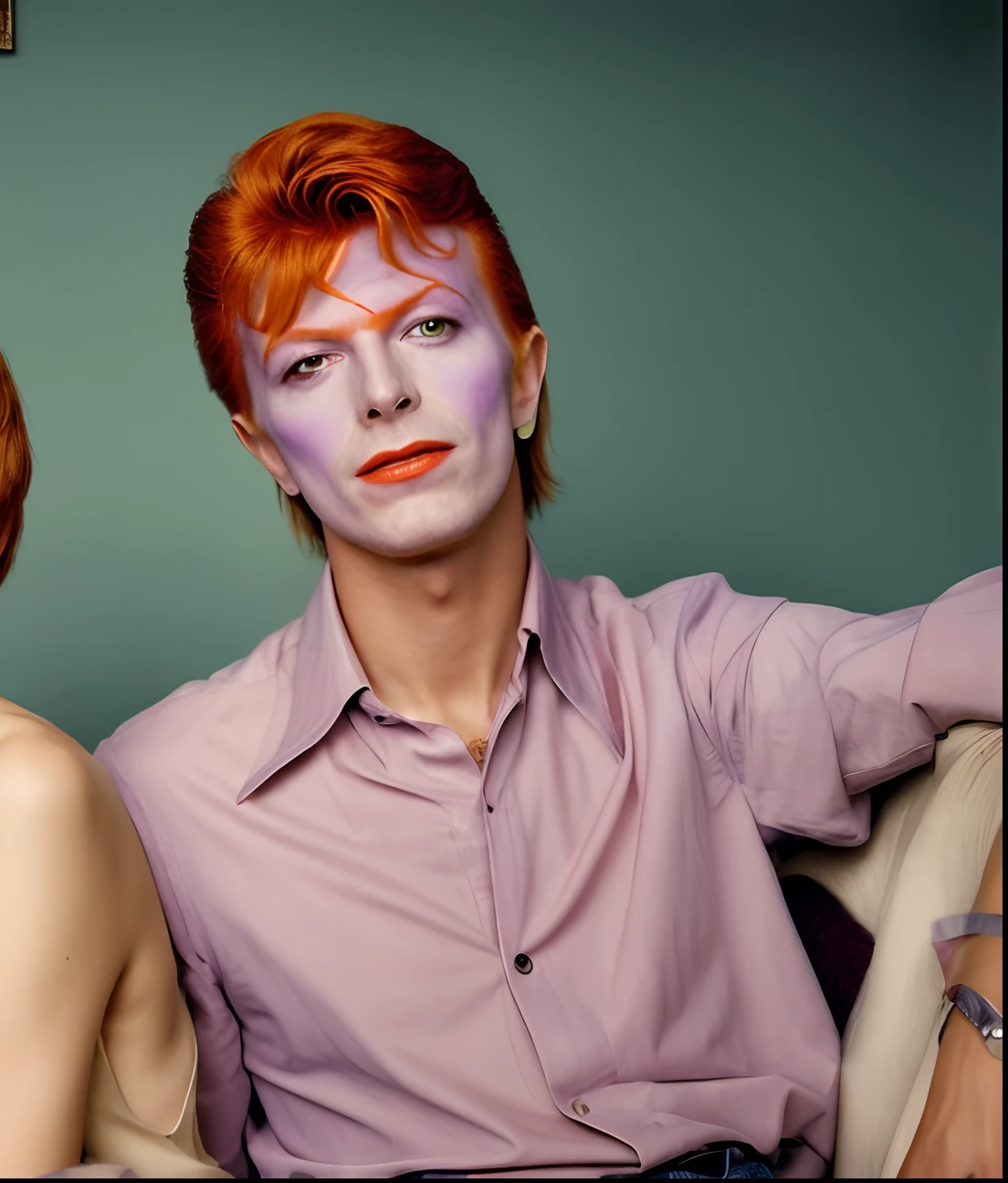 a color photo of a man and woman sitting on a couch, david bowie, young david bowie, portrait of david bowie, david bowie as the joker, by Gavin Hamilton, by Stan Galli, actors, david bowie in super smash bros, 1979, 1 9 7 9, vintage associated press photo, by Maurycy Gottlieb