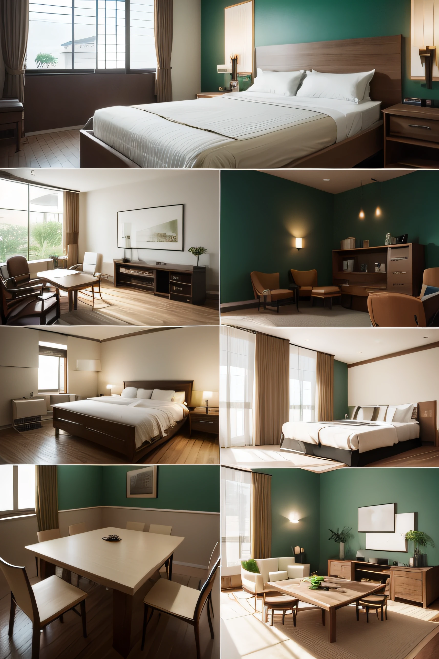 Create a power point slide presentation for the hotel owner about choosing a solution for his hotel: material table moodboard, color board, material board concept, interior, zen style, hotel room full, Muted tones of green, brown, and white to invoke a sense of peace, smart home, this room high tech, smart room