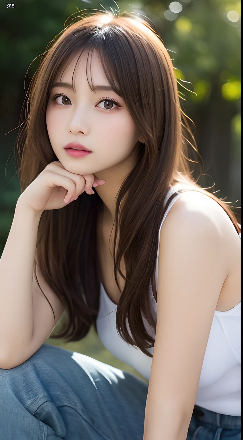 finely detail, hight resolution, hightquality、Perfect dynamic composition, Beautiful detailed eyes, Medium Hair, small tits、Natural Color Lip,Kamimei、Shibuya、20 years girl、1 persons、Transparent skin、Glowing hair、masutepiece, Best Quality, Illustration, Ultra-detailed, finely detail, hight resolution, 8K、The correct state of the human body、crouching down、Gravure Model Pose