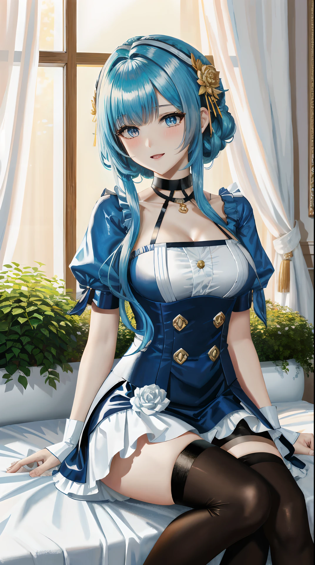 (tmasterpiece:2.0,best qualtiy),(Fine beautiful eyes:2.0),ph_REM,Remhd,1girll,Blue hair,独奏,eBlue eyes,x hair accessories,legs ornaments,Bow knot,Long thick socks,lacepantyhose,Lolita heels,Lolita shoes,Rossvale Mansion maid uniform,full bodyesbian,Two hands,Two legs,Photo art,maidennurse,Skysky,rays of sunshine,the trees,wave,