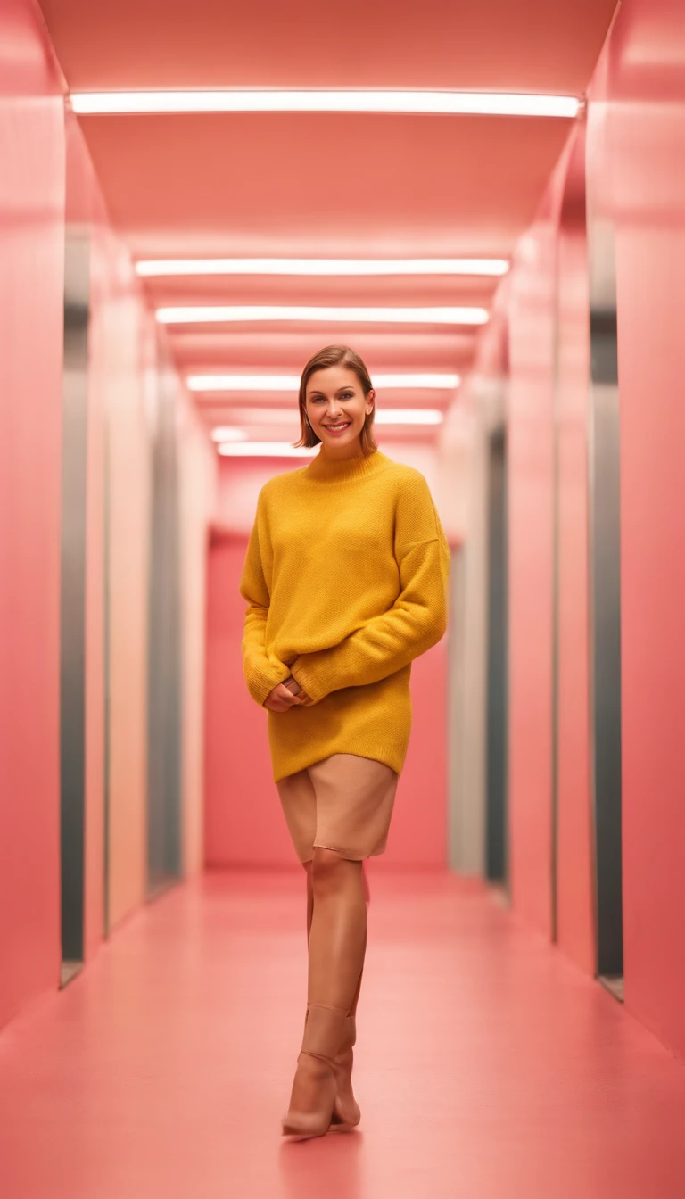 A hyperealistic photograph smiling young woman in high heels and yellow sweater against pink background, in the style of patricia piccinini, minimalist backgrounds, flickr, loretta lux, noise photography, emotive faces, daniela uhlig, uhd photo, clean sharp focus, HDR, upper body