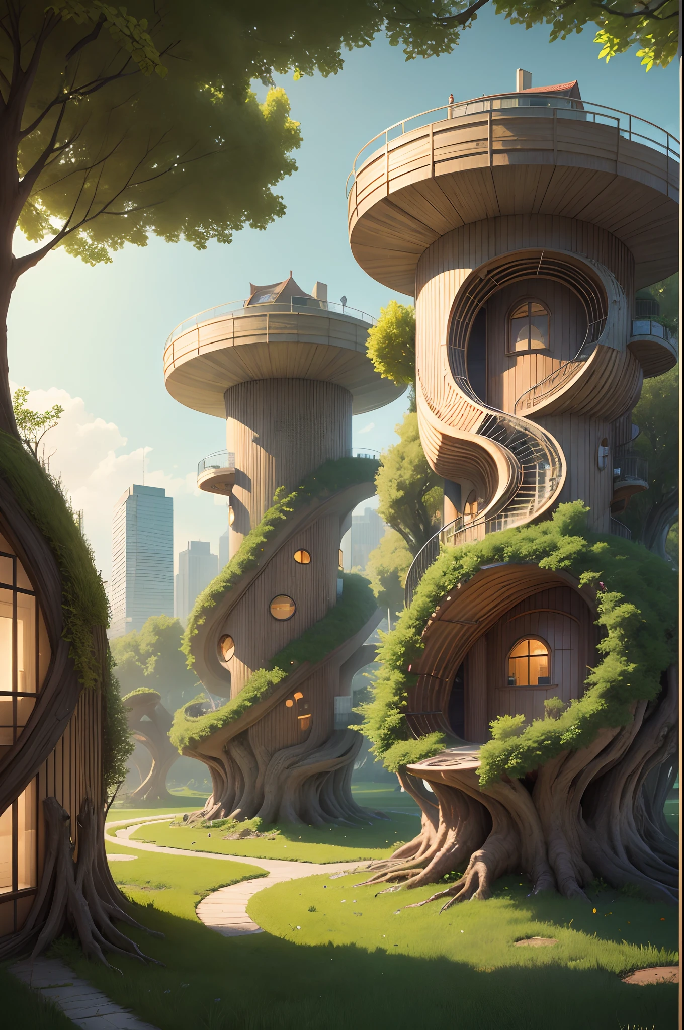 city   of the future, Tree-like quarters, petal houses, Photorealistic, hiquality