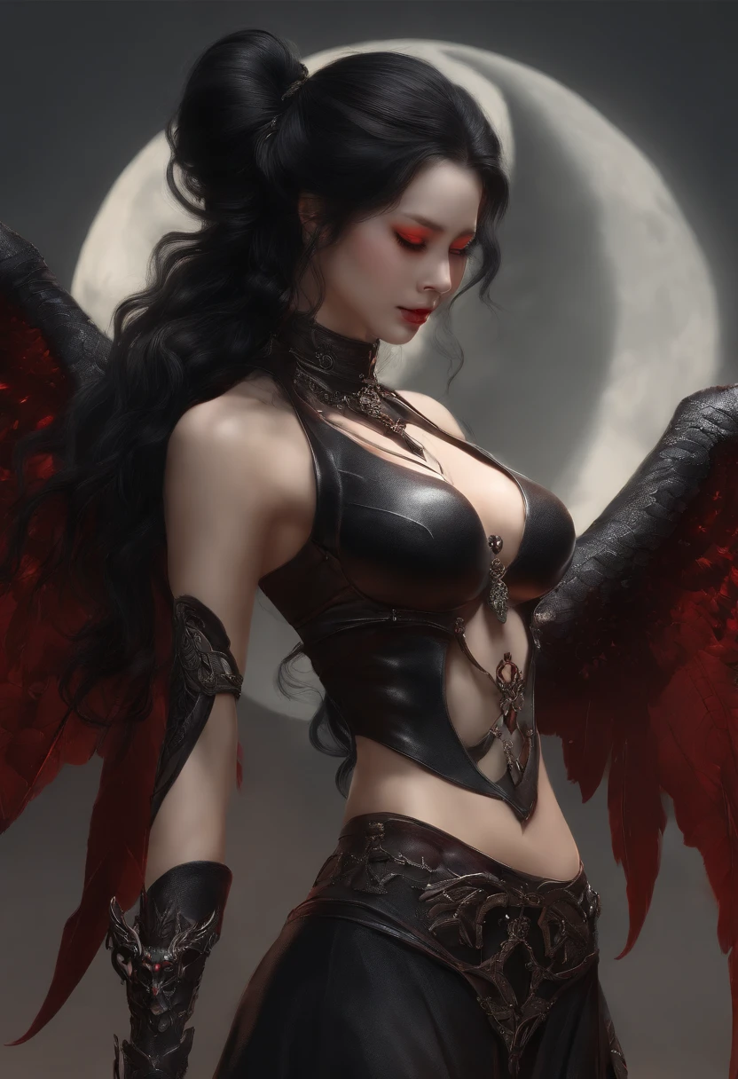 (Masterpiece), (Best quality), (Detailed), Lightweight layer, Glossy glossy skin, (intricately details , tight fit clothes, , Demon wings,hair adornments :1.2), From above, Black hair, Black choker, Long hair, hime-cut, woman, Blunt bangs, side locks, Red eyes, Holding the quarterly method,holding a scythe,holdingsword, (Mature female:1.1), [Uncensored, NSFW, ], side ponytails  (Simple background:1.1),