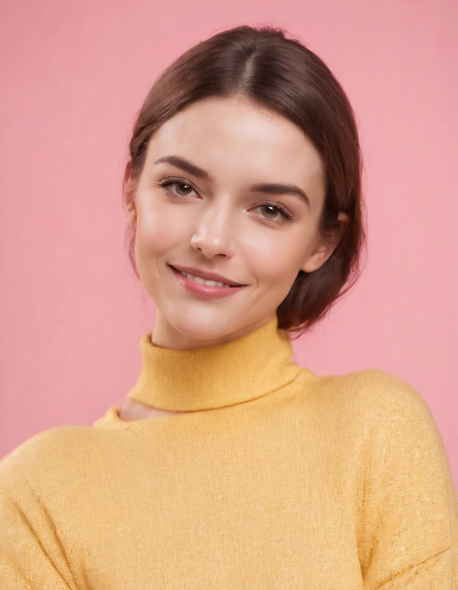 A hyperealistic photograph smiling young woman blowing bubble gum up in high heels and yellow sweater against pink background, in the style of patricia piccinini, minimalist backgrounds, flickr, loretta lux, noise photography, emotive faces, daniela uhlig, uhd photo, clean sharp focus, I can't believe how beautiful this is, HDR,upper body