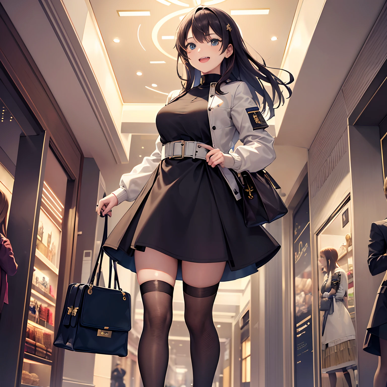 {{{{{masterpiece,Best Quality,ultra-detail}}}}},1 Beautiful woman in flight jacket and georgette dress,Happy laughter,Beautiful face,Beautiful eyes,Beautiful hair,Stand at the mall with a Hermes Kelly bag,knee high socks ,The night sky is shining with the moon and stars.