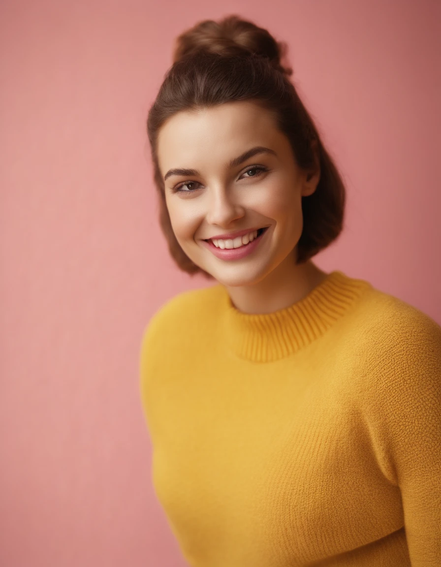 A hyperealistic photograph smiling young woman in high heels and yellow sweater against pink background, in the style of patricia piccinini, minimalist backgrounds, flickr, loretta lux, noise photography, emotive faces, daniela uhlig, uhd photo, clean sharp focus, HDR, upper body