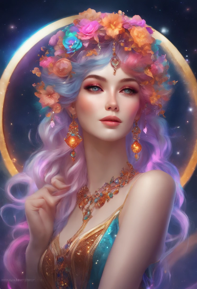 Close-up of a woman with colorful hair and necklace, anime girl with cosmic hair, The soft vitality of Rostus, Guvez style artwork, Fantasy art style, Colorful], vibrant fantasy style, Vibrant Ross Cartoon, cosmic and colorful, Guviz, Colorful digital fantasy art, stunning art style, Beautiful anime style, Full body illumination, Skin brightening, Sexy expression
