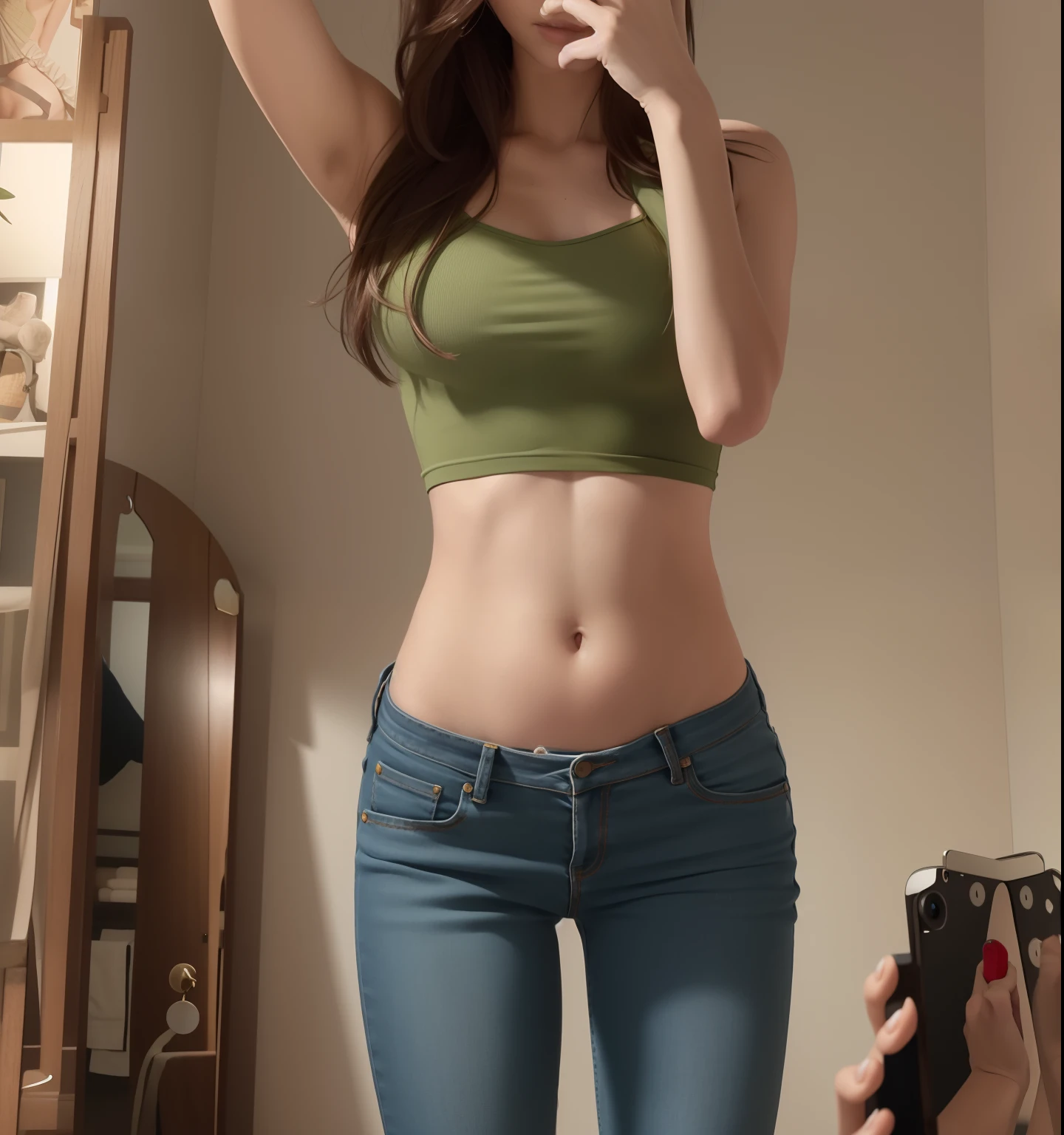 araffe woman taking a selfie in a mirror with a cell phone, photo of slim girl, skinny waist and thick hips, red jeans green shirt, photo of slim girl model, slender waist, thin waist, full extremely slim body, fit dainty figure, fit pic, her belly button is exposed, 2 4  female model, thin-waist, tinyest midriff ever