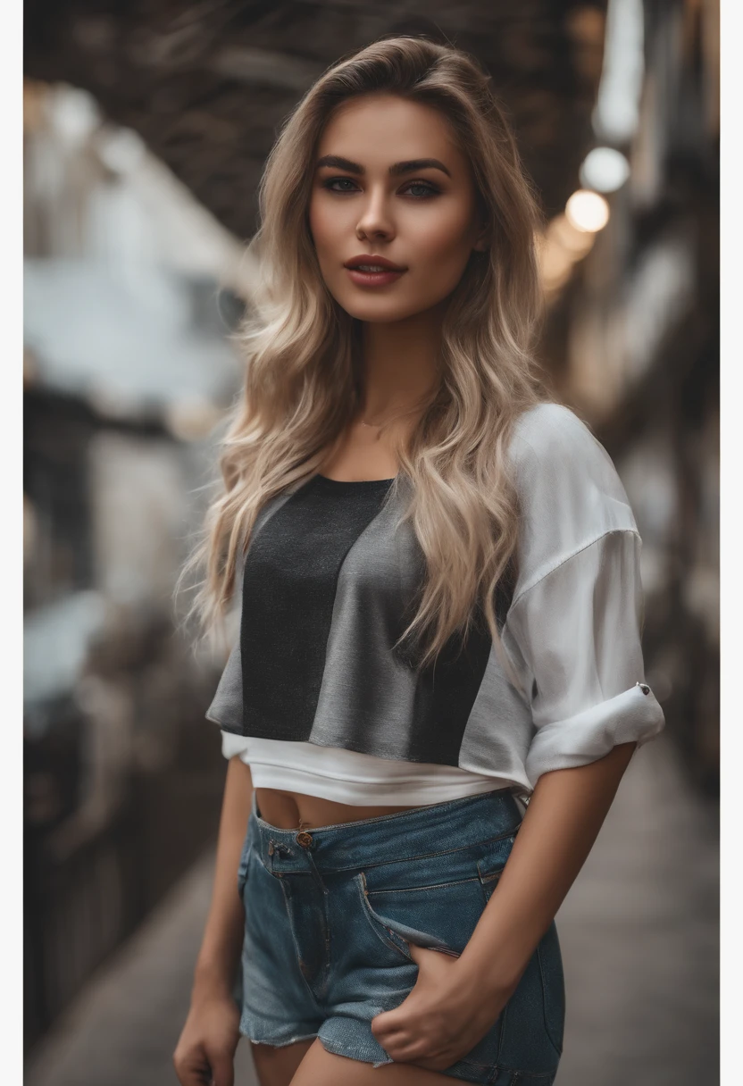 photo taken by Canon EOS 80D, 1girl, close up, blurry background, 8k, raw photo, best quality, High res, award winning, photorealistic, ultra detailed, rim lighting, japanese woman, 23 years old, (blondie long messy hair), looking at the camera, natural makeup, detailed eyes, (Medium breast size:1.4), ultra realistic, Detailed clothing, realistic clothing, ((Wearing Over sized cropped black and white shirt with sneakers logo it)), (Ripped Jeans), real fair light skin, realistic background, detailed background, ((Happy)), (modern quality image), jaw dropping, realistic shadow, realistic lighting, (big butt), (dark background), City alley, crowd, (Hype), (Model), Beautiful, (Full body shot), (Standing), (Detailed Skate board), (Realistic Skateboard), (Skateboard on the wall), (Leaning back on the wall), (Boyish), (night time), (night light)