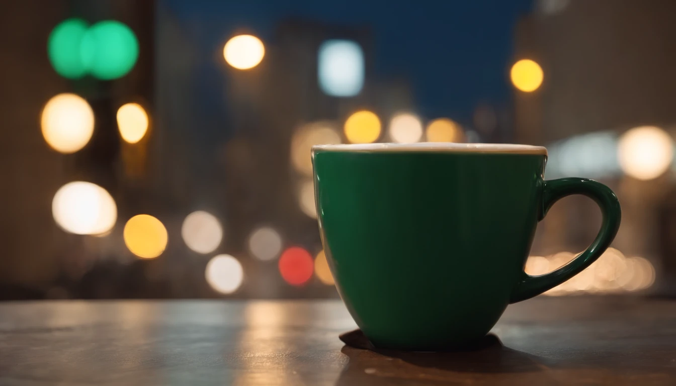 photo of an emerald-colored cup of coffee on a table in front of a street with city lights in the background, hq