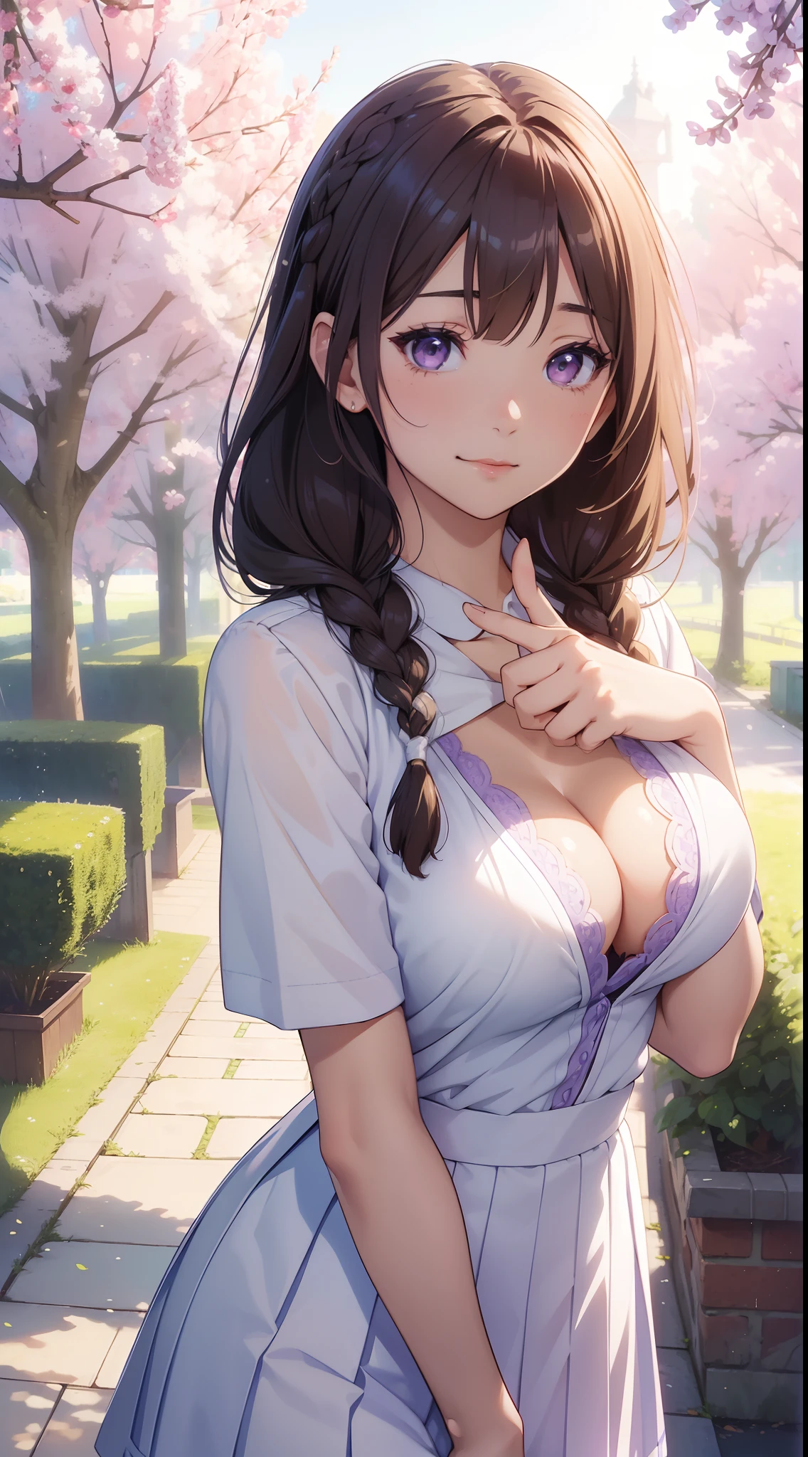 masutepiece, high resolution, 8K, anime woman, Delicate and meticulous text 、detailed digital illustration、(((Straight braids)))、Shiny hair、bangs、(cleavage:1.3),Large breasts,brunette color hair,A very beautiful woman、The eyes are twofold、High image quality, High quality、Detailed background、(((Lovely white and lilac school uniform)))、((Beautiful blue sky and school background))、(((2 arms、4 fingers, 1 thumb)))、White is the main color、((Immediately adjacent to the front corner))、Gape、A smile、Morning background、rainbowing