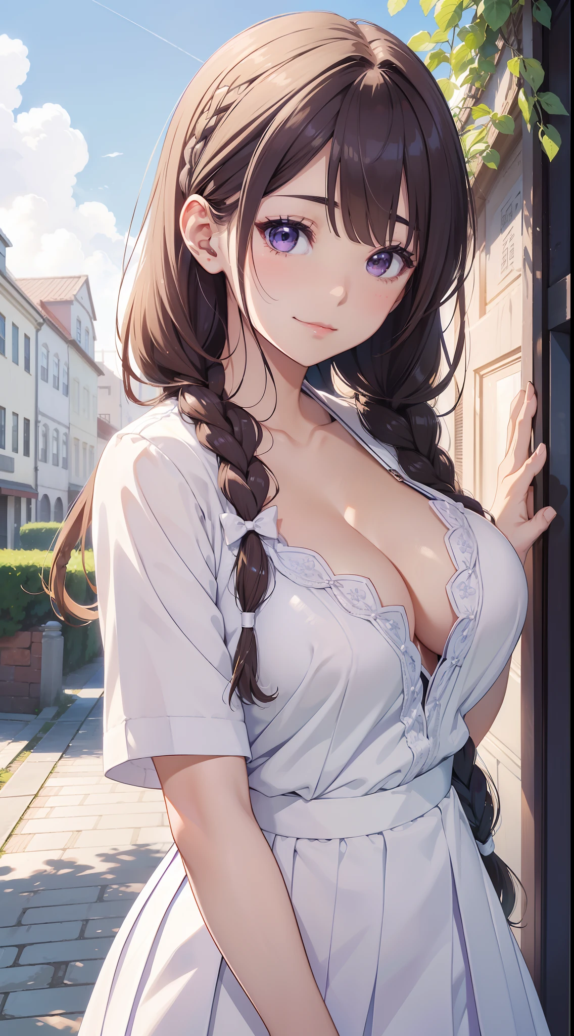 masutepiece, high resolution, 8K, anime woman, Delicate and meticulous text 、detailed digital illustration、(((Straight braids)))、Shiny hair、bangs、(cleavage:1.3)，Large breasts，brunette color hair，A very beautiful woman、The eyes are twofold、High image quality, High quality、Detailed background、(((Lovely white and lilac school uniform)))、((Beautiful blue sky and school background))、(((2 arms、4 fingers, 1 thumb)))、White is the main color、((Immediately adjacent to the front corner))、Gape、A smile、Morning background、rainbowing