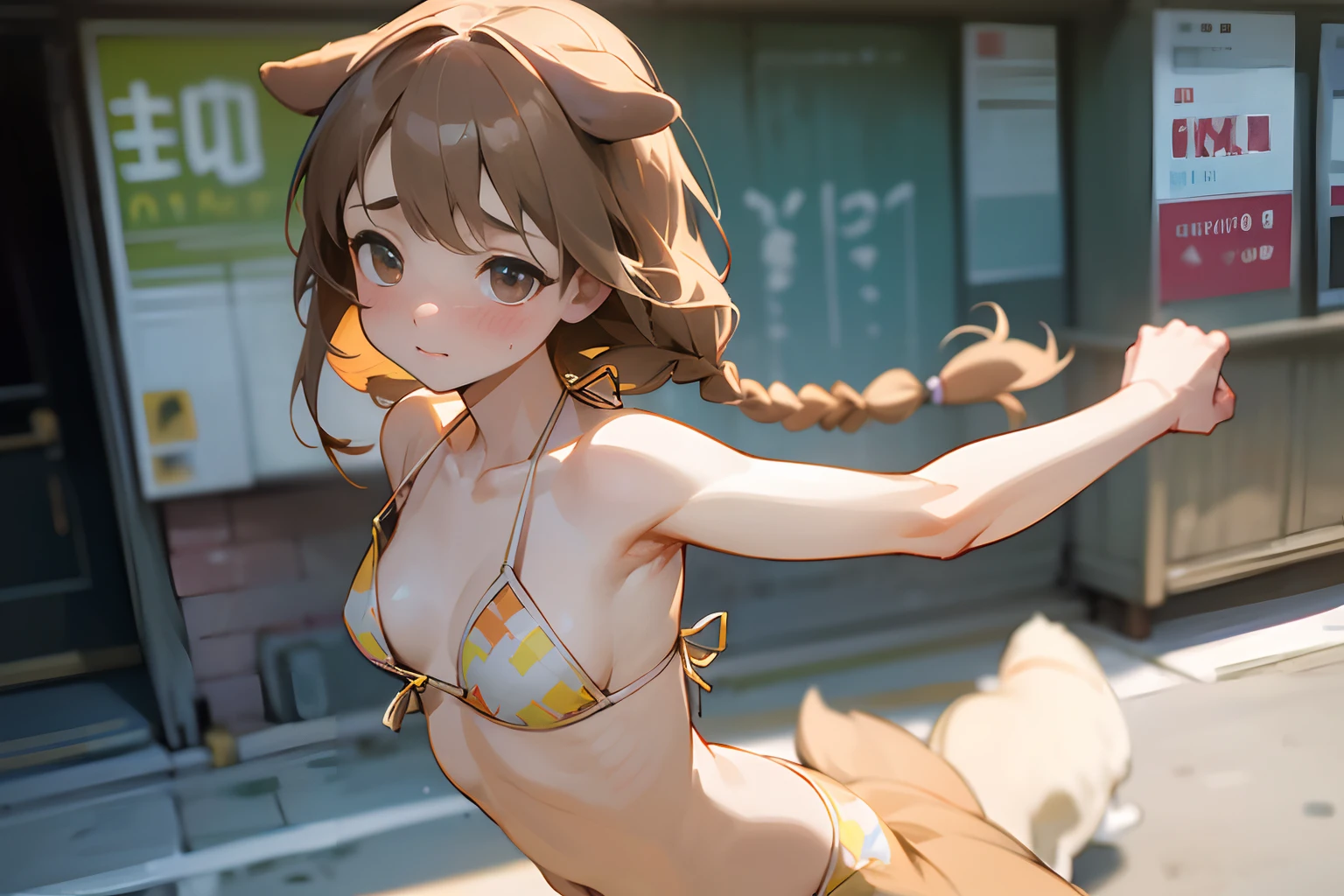 (Two braids, very shy and blush face, Best Quality), ((Masterpiece)), (High Definition:1.3), Beautiful,(Masterpiece), Realistic, sprkle, Beautiful photo, wide-shot, dirty street、1girl, dance, Slender small breasts、dog ears, light brown hair、Cute Beautiful Girl、Small Bikini