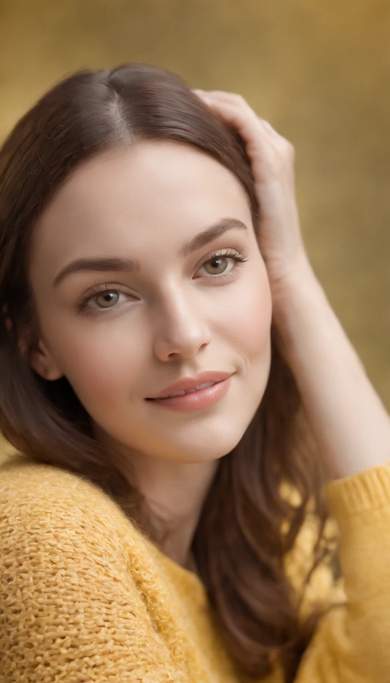 A hyperealistic photograph smiling young woman in high heels and yellow sweater against white background, in the style of patricia piccinini, minimalist backgrounds, flickr, loretta lux, noise photography, emotive faces, daniela uhlig, uhd photo, clean sharp focus, HDR, upper body