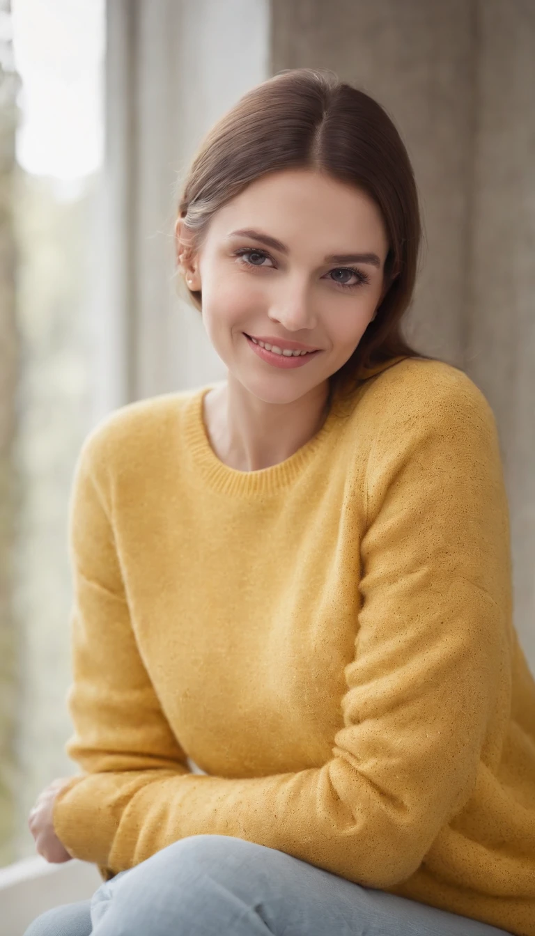 A hyperealistic photograph smiling young woman in high heels and yellow sweater against white background, in the style of patricia piccinini, minimalist backgrounds, flickr, loretta lux, noise photography, emotive faces, daniela uhlig, uhd photo, clean sharp focus, HDR, upper body