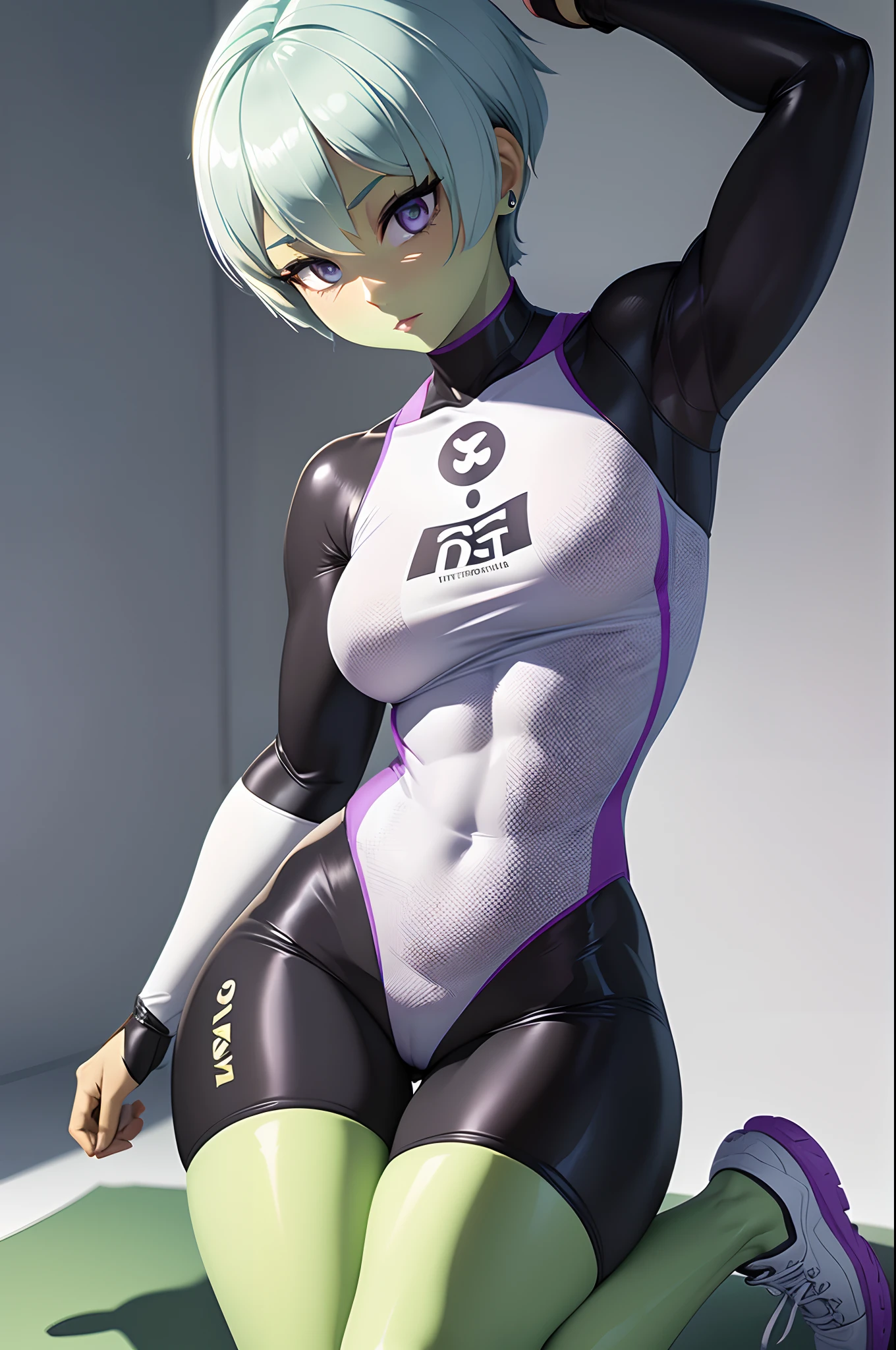 Masterpiece, best quality, (very detailed CG Unity 8k wallpaper) (best quality), (best illustration), best shadow, cute, short white hair, 1woman, solo, sweet cool, shiny details of the eyes, (purple color full body suit), fashion shorts, (green skin color ), white half top, white and black shoes , (highest quality, amazing details: 1.25), (Solo), slender body, muscular, face focus, volumetric lighting, path tracing, light reflection, environment lighting, ((name-Cheelai printed on her shirt)) ,