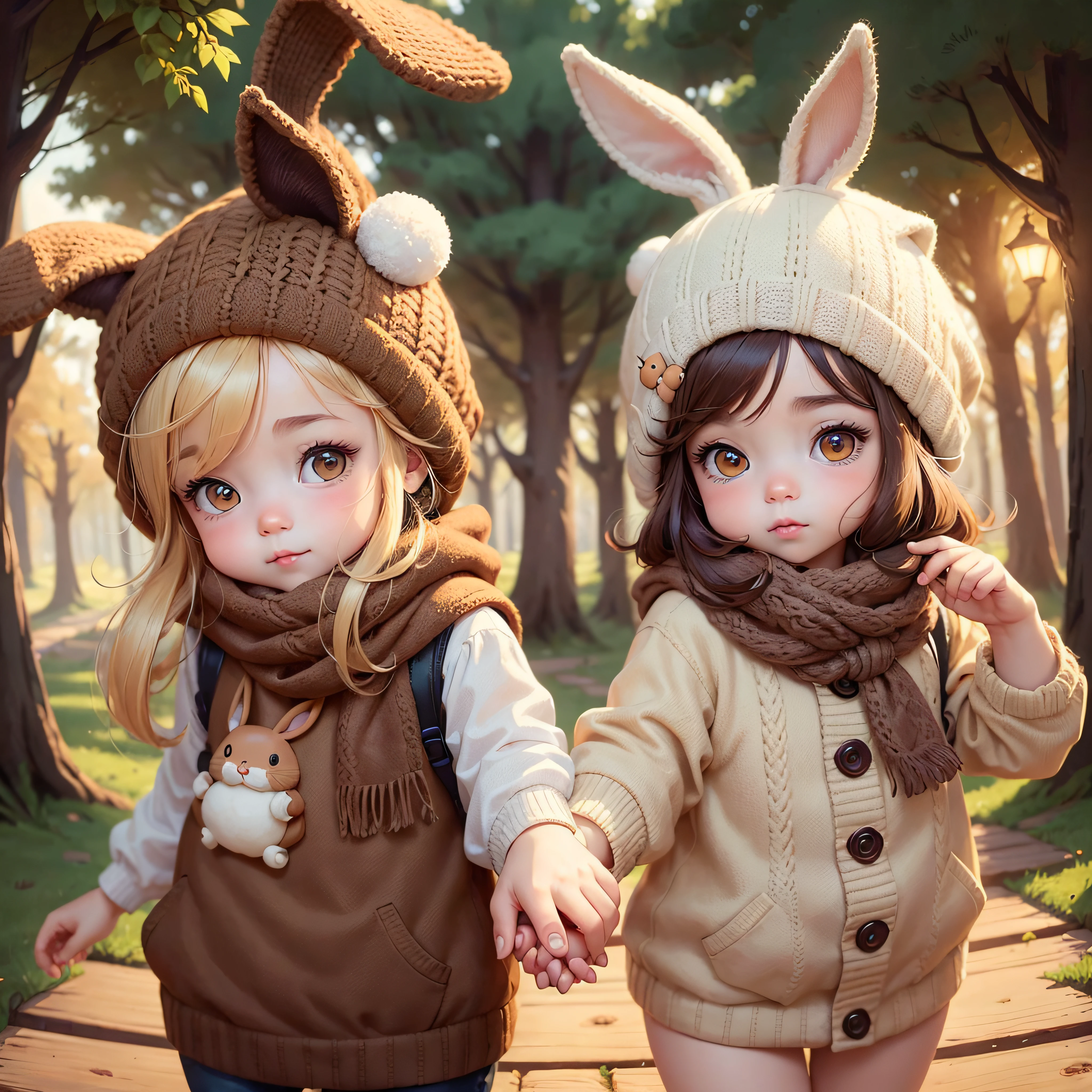 Hand in hand with the baby。Cartoon rabbit wearing a brown knitted hat and a brown scarf suitable for autumn, , Adorable Digital Painting, cute anthropomorphic bunny, cute detailed digital art, Cute digital art, Cute!, cute cartoon characters, cute character, rabbt_Character, cute forest creature, Stylized picture books, Anthropomorphic rabbit,