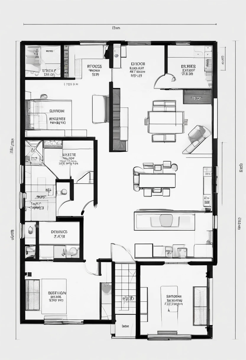 Shophouse floor plan size is 11m long and 7m wide, 2 main doors front and rear, 1 door on the side, plan drawing, layout, floor plan view, 2 d overhead view, layout design, above view, very accurate and detailed, full device, RAW photo, Masterpiece, high quality, best quality, authentic, super detail