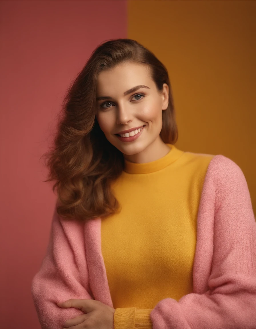 A hyperealistic photograph smiling young woman in high heels and yellow sweater against pink background, in the style of patricia piccinini, minimalist backgrounds, flickr, loretta lux, noise photography, emotive faces, daniela uhlig, uhd photo, clean sharp focus, HDR, upper body