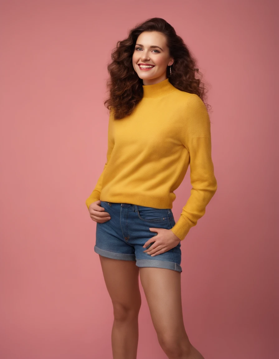 A hyperealistic photograph smiling young woman in high heels and yellow sweater against pink background, in the style of patricia piccinini, minimalist backgrounds, flickr, loretta lux, noise photography, emotive faces, daniela uhlig, uhd photo, clean sharp focus, HDR, upper body