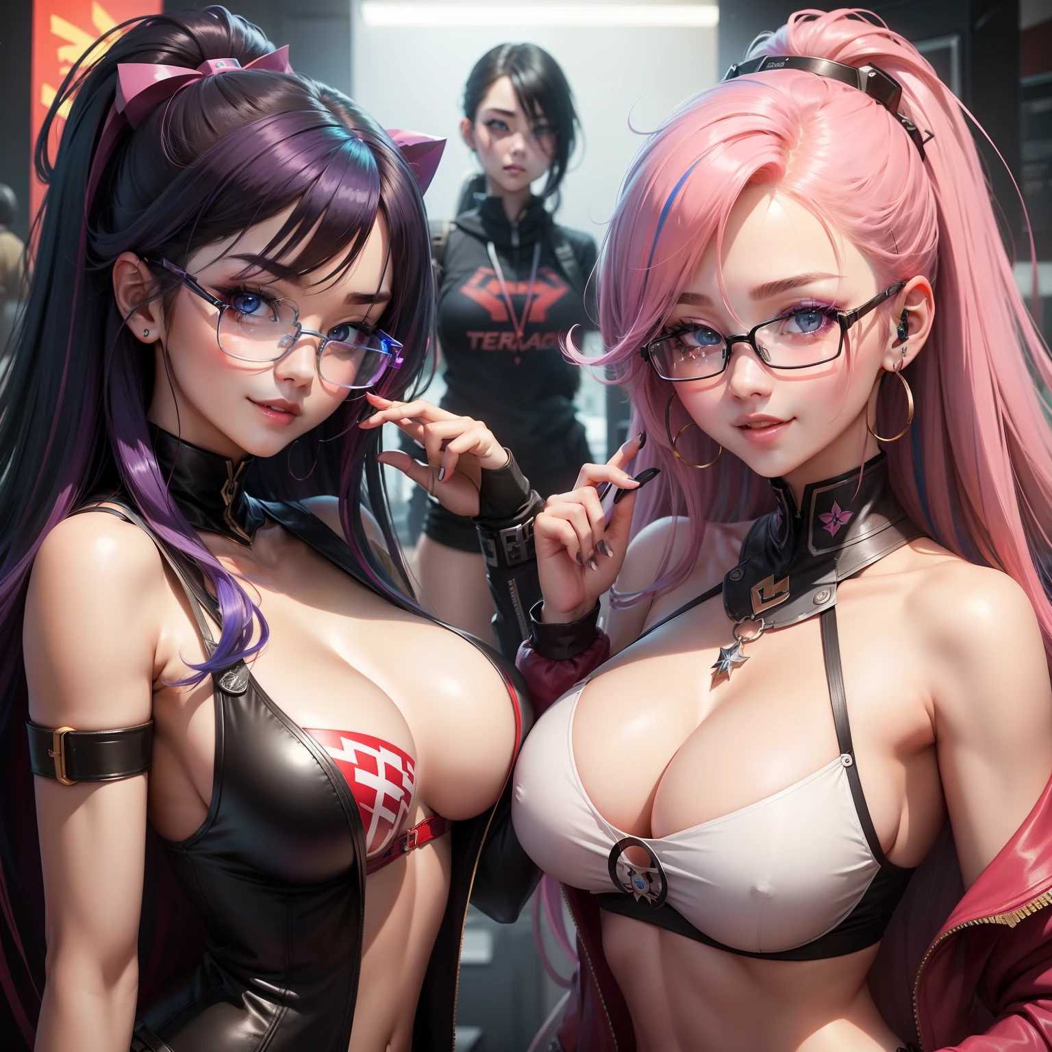 Gamer Girls、teens girl、smil、eye glass、multicolored hair、Colossal tits、long、top-quality、​masterpiece、high-definition picture、超A high resolution、Beautuful Women、Excellent style、a beauty girl、hyperdetailed face、