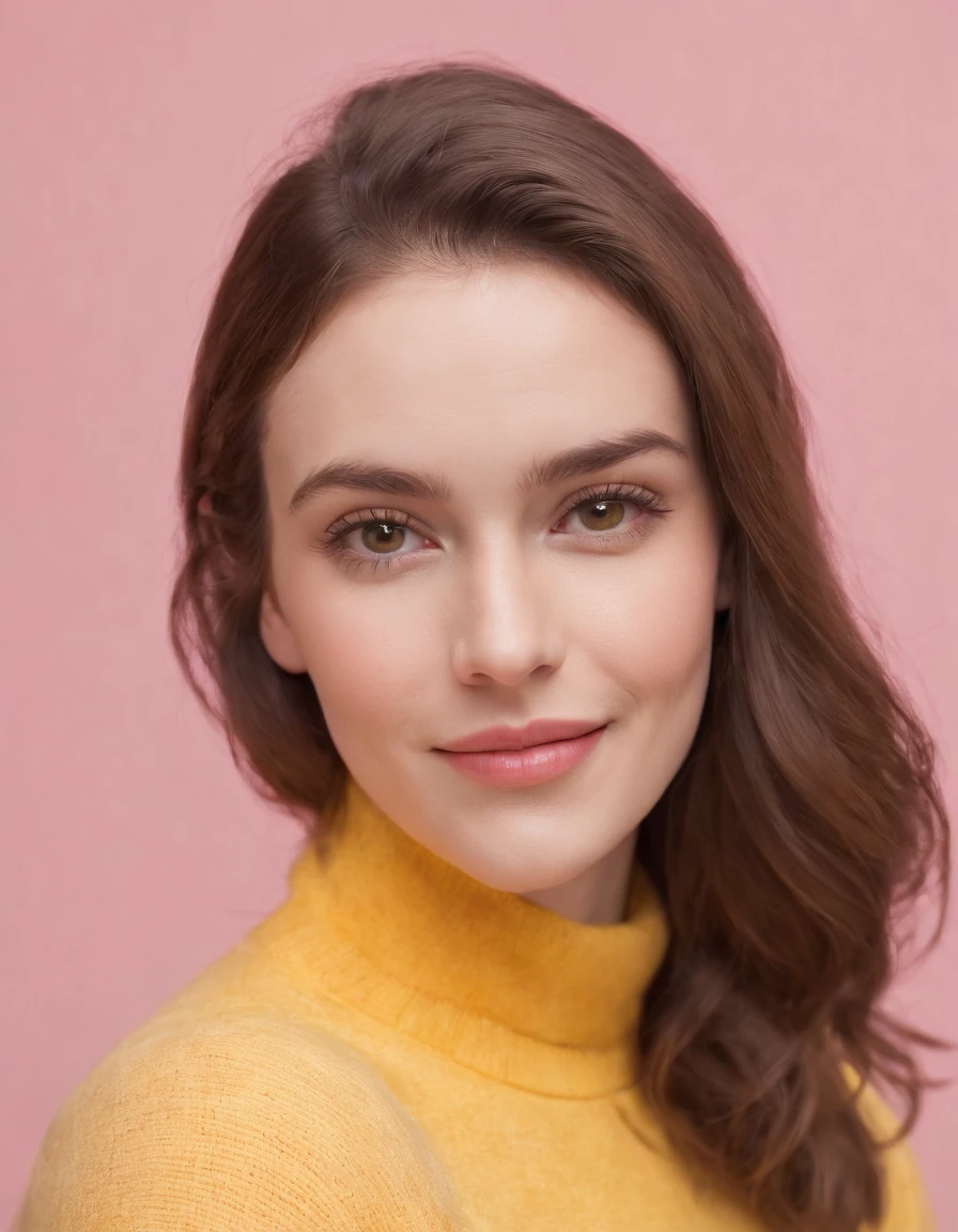 A hyperealistic photograph smiling young woman in high heels and yellow sweater against pink background, in the style of patricia piccinini, minimalist backgrounds, flickr, loretta lux, noise photography, emotive faces, daniela uhlig, uhd photo, clean sharp focus, HDR, upper body