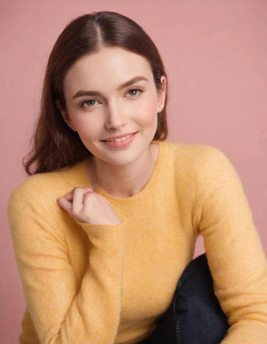 A hyperealistic photograph smiling young woman in high heels and yellow sweater against pink background, in the style of patricia piccinini, minimalist backgrounds, flickr, loretta lux, noise photography, emotive faces, daniela uhlig, uhd photo, clean sharp focus, HDR, upper body