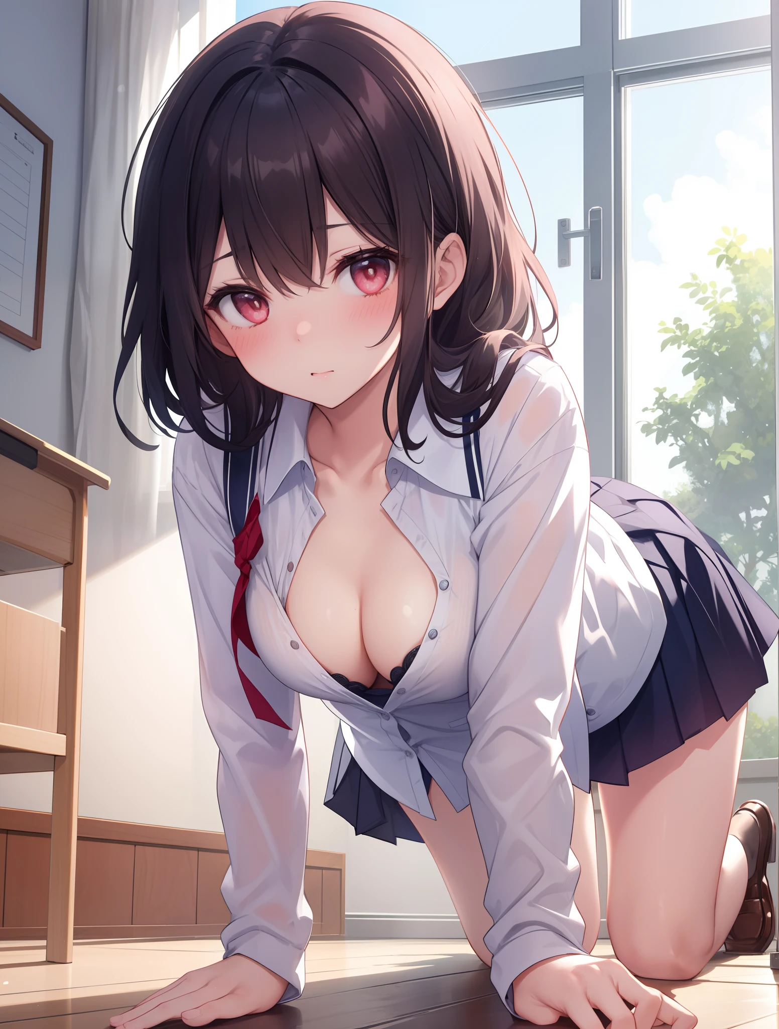 top-quality、masterpiece、1girl in、all-fours、to close range、red blush、Kamimei、Staring at this、school uniform, cleavage, medium breasts,  in the room, window, cute pose, beautiful pose, cuteness, beautiful breasts, saggy breasts, unbuttoned